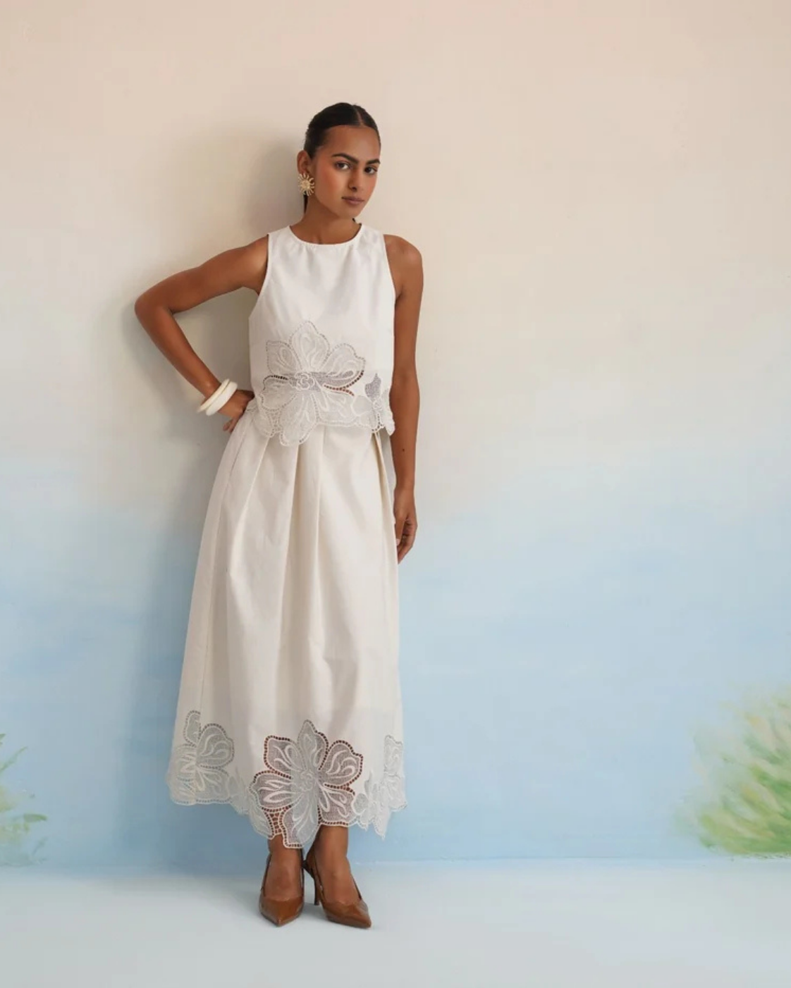 The Alabaster Floral Cutwork Pleated Dress