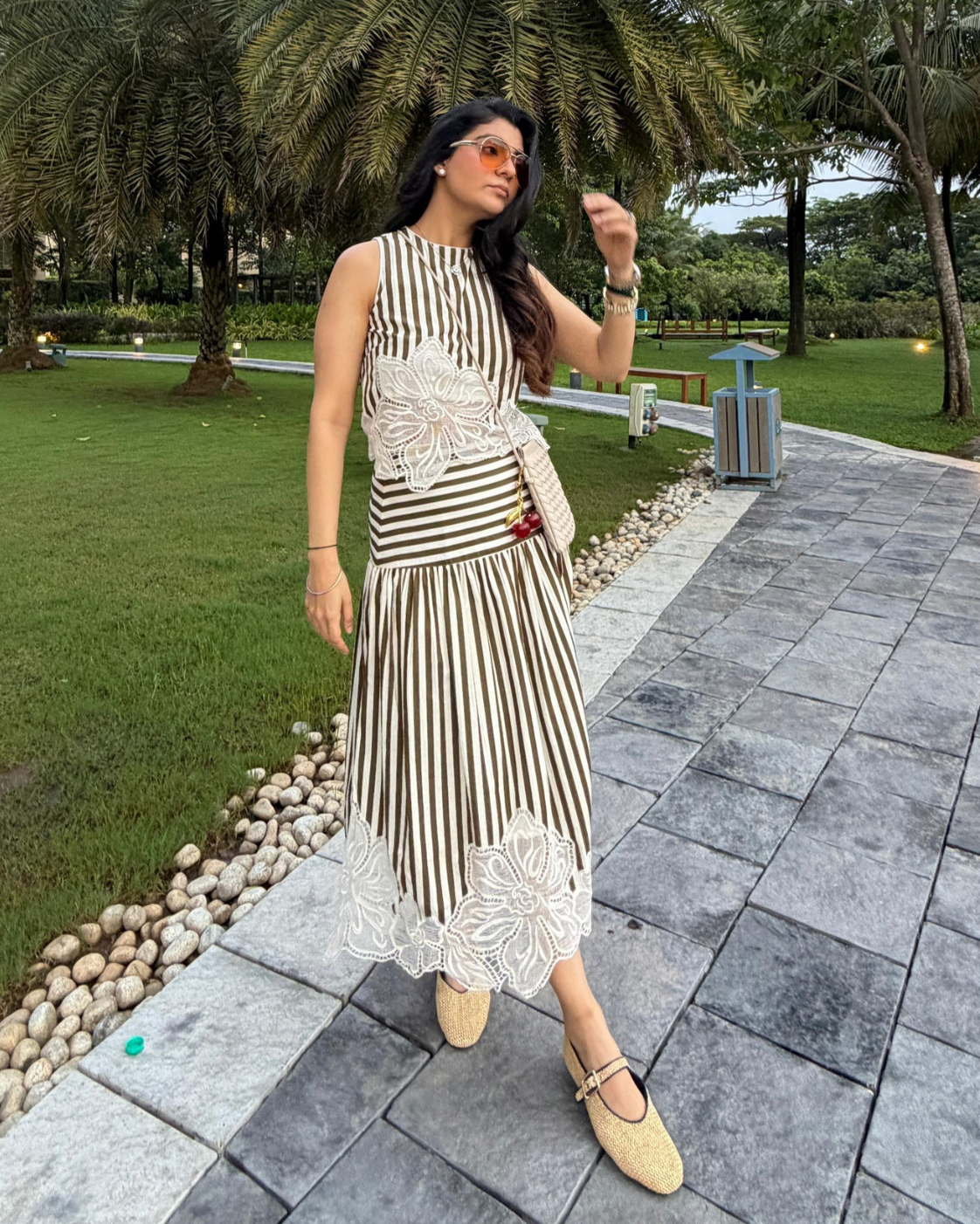 Srishti Chhabria | TheCisterCo in The Olive Stripe Floral Appliqué Ensemble: Two-Piece Skirt Set
