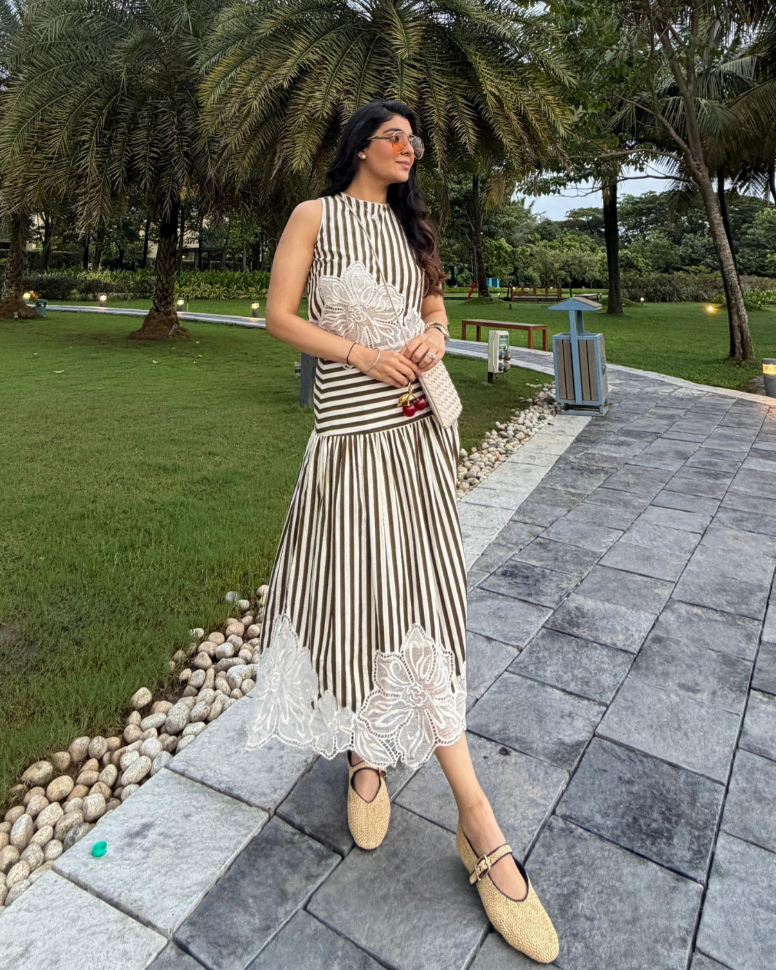 Srishti Chhabria | TheCisterCo in The Olive Stripe Floral Appliqué Ensemble: Two-Piece Skirt Set
