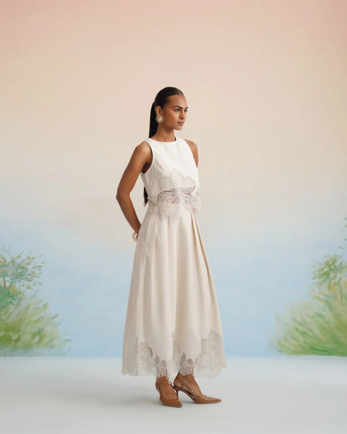 The Alabaster Floral Cutwork Pleated Dress