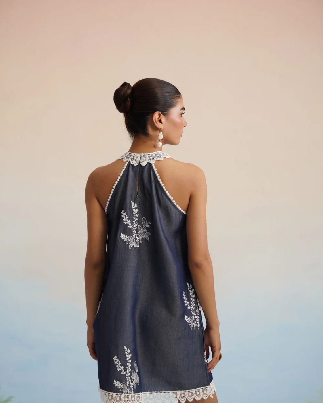 The Riviera Indigo Lace Halter Mini Dress