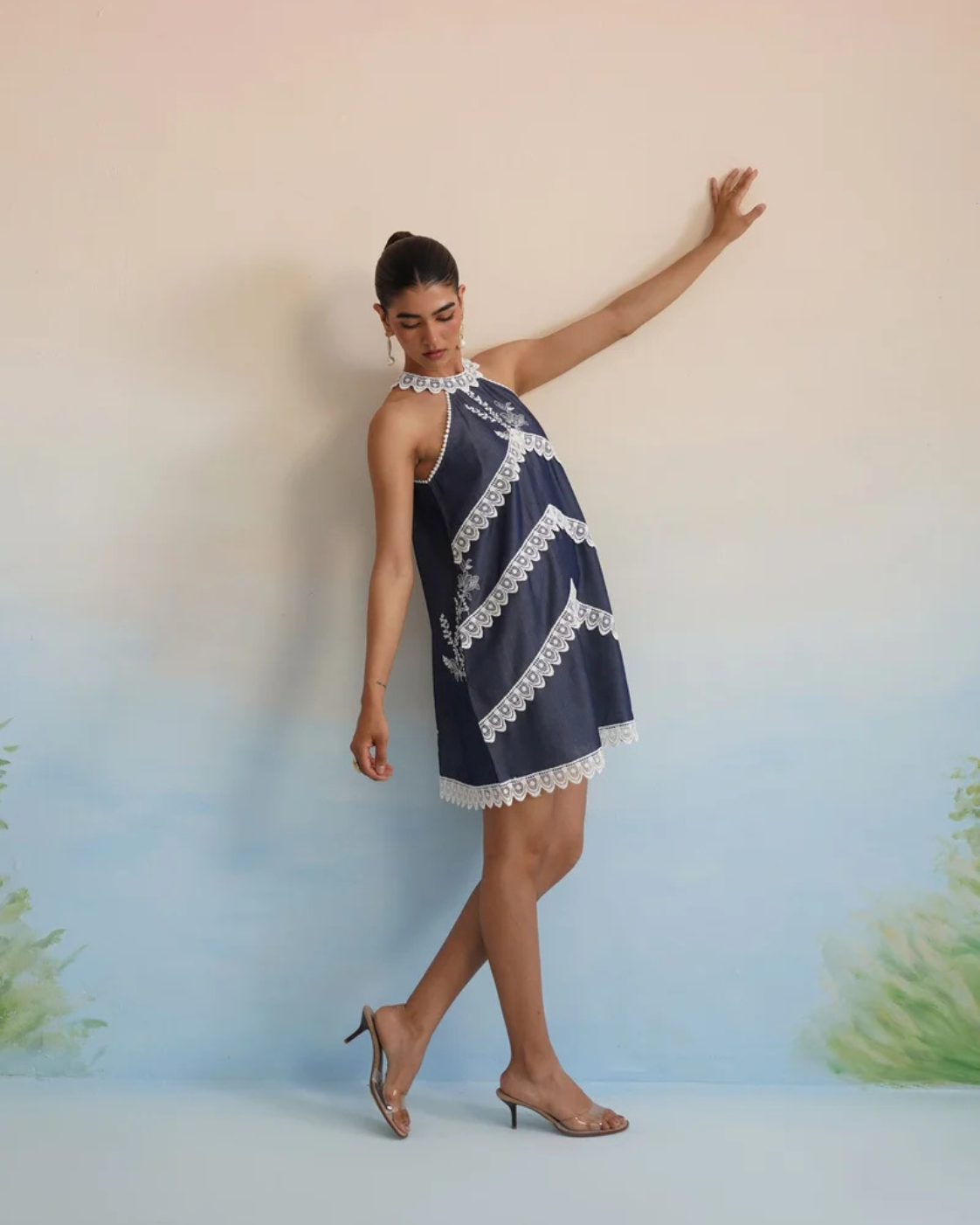 The Riviera Indigo Lace Halter Mini Dress