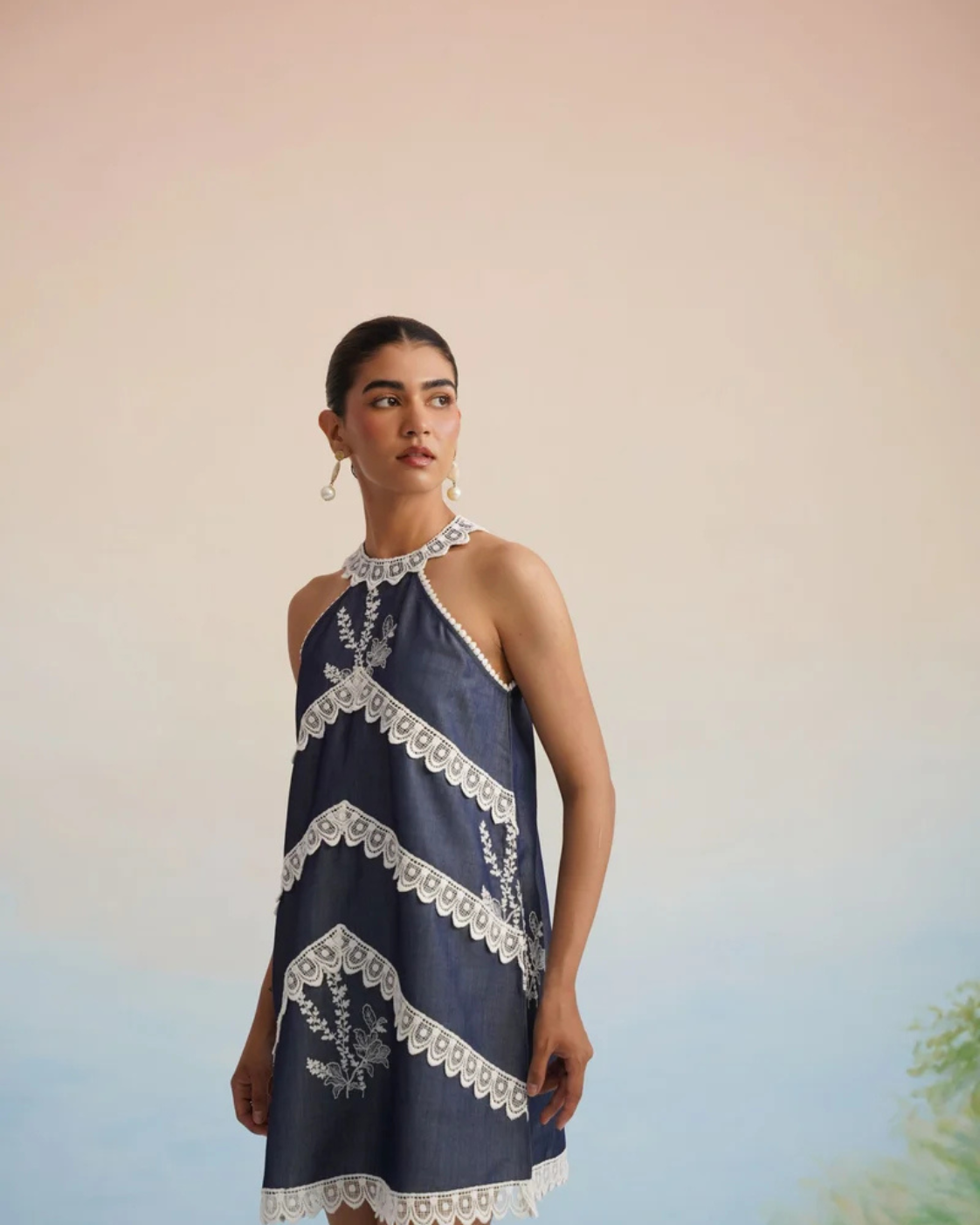 The Riviera Indigo Lace Halter Mini Dress