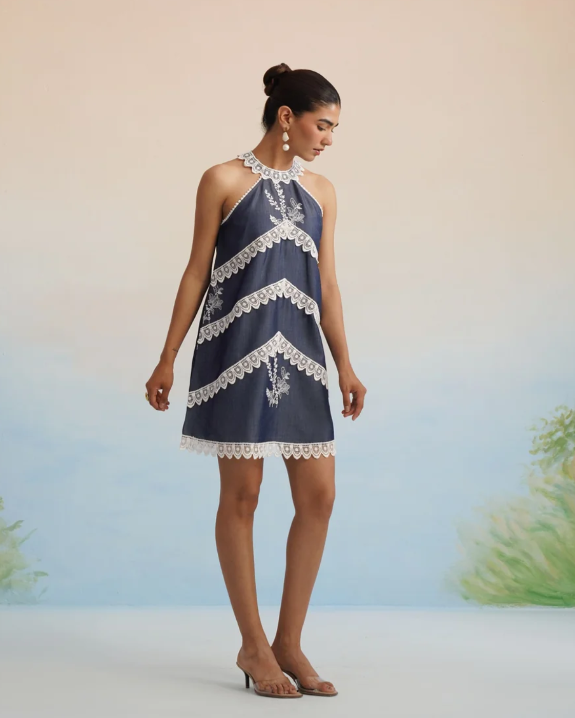 The Riviera Indigo Lace Halter Mini Dress