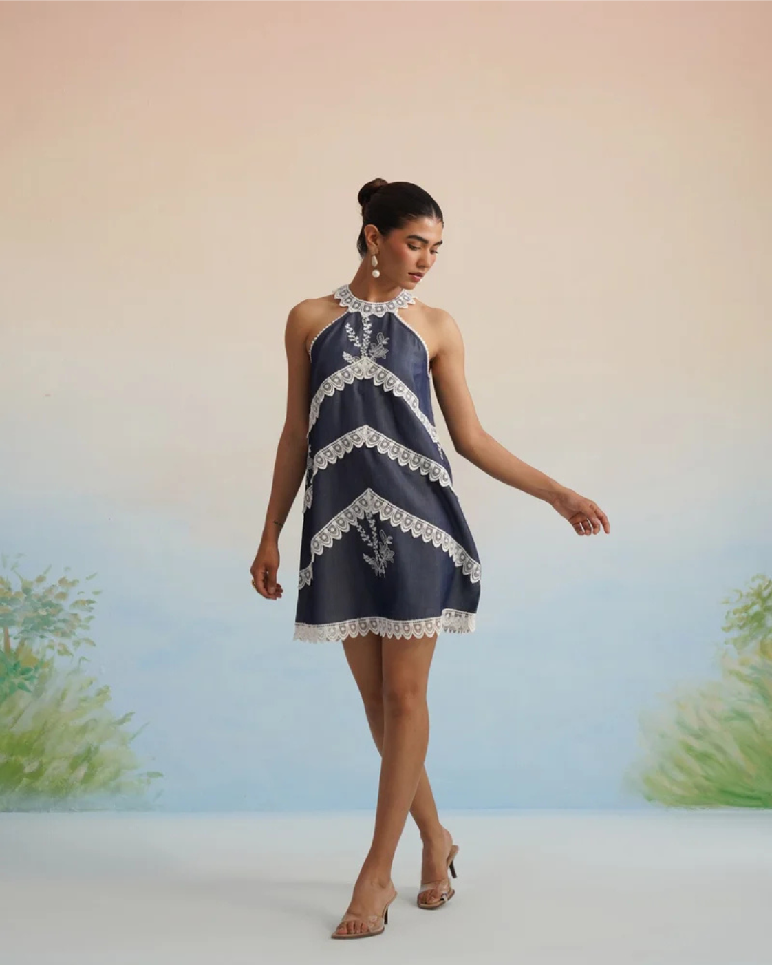 The Riviera Indigo Lace Halter Mini Dress