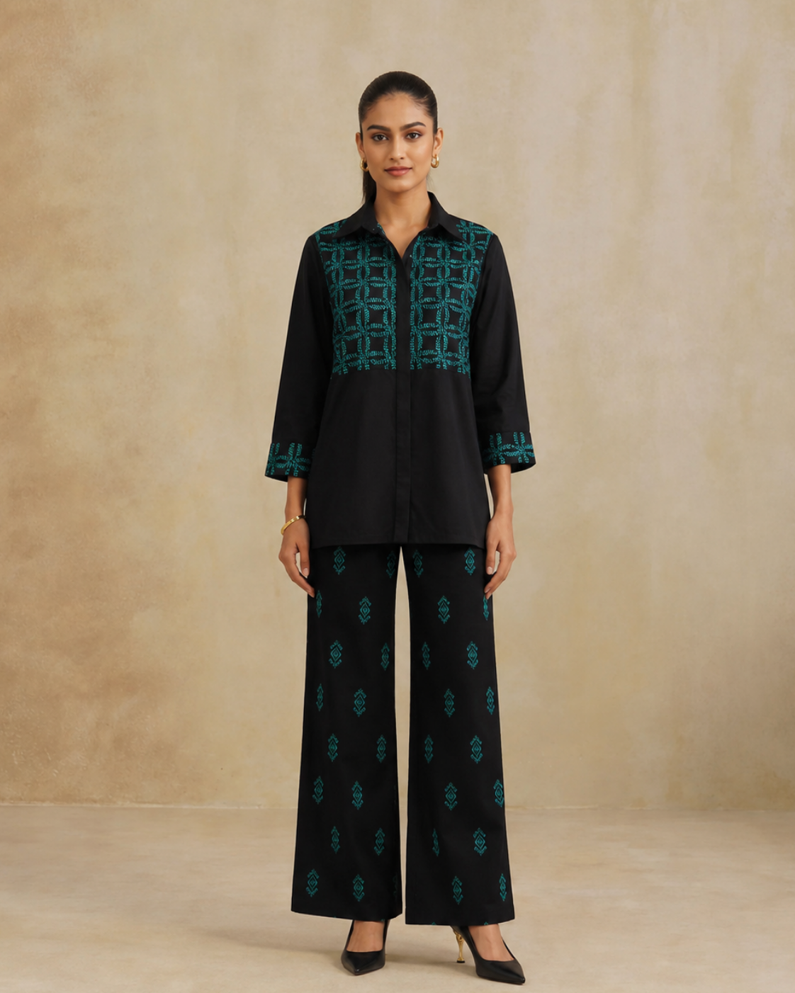The Midnight Turquoise Embroidered Shirt Set