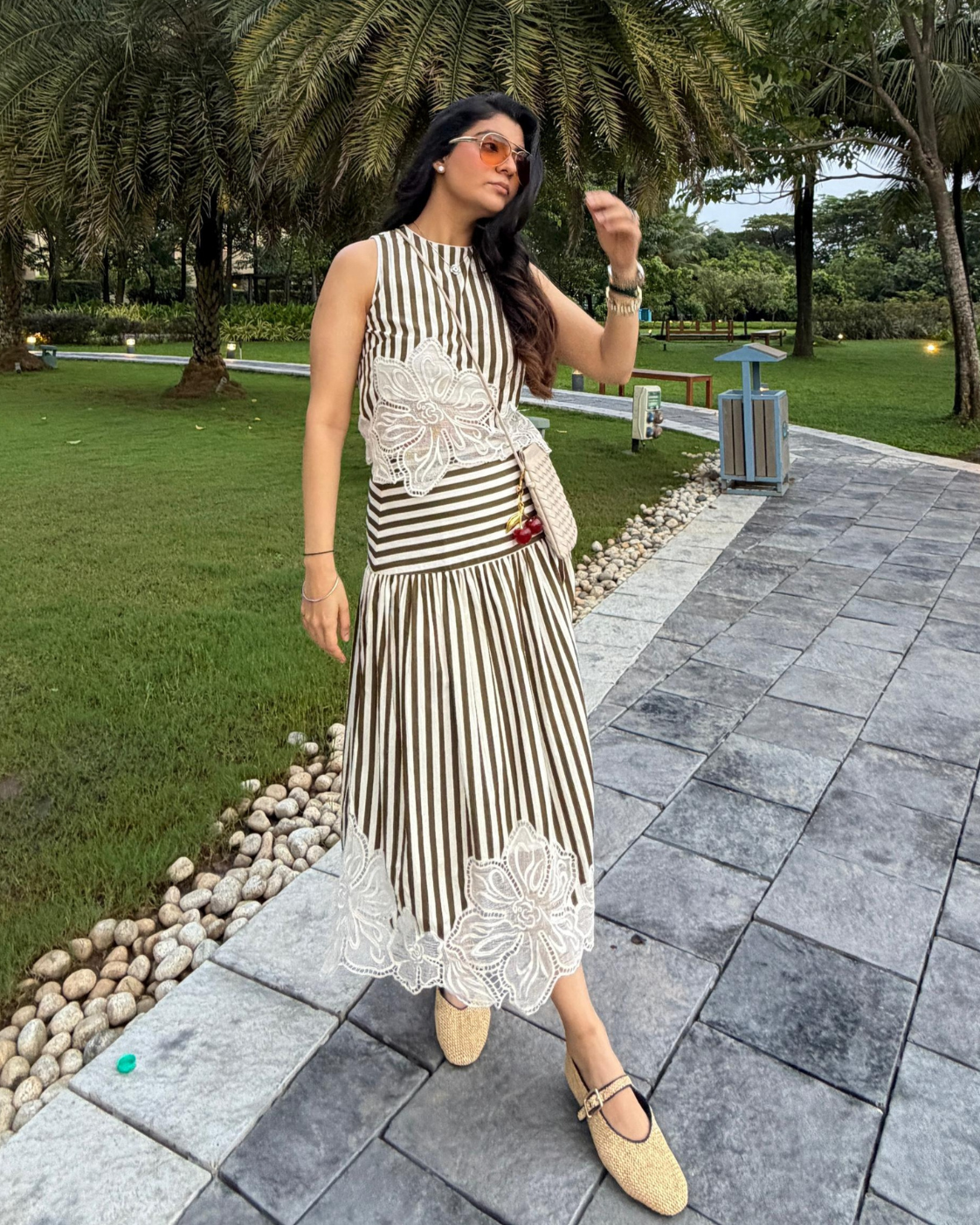 Srishti Chhabria | TheCisterCo in The Olive Stripe Floral Appliqué Ensemble: Two-Piece Skirt Set