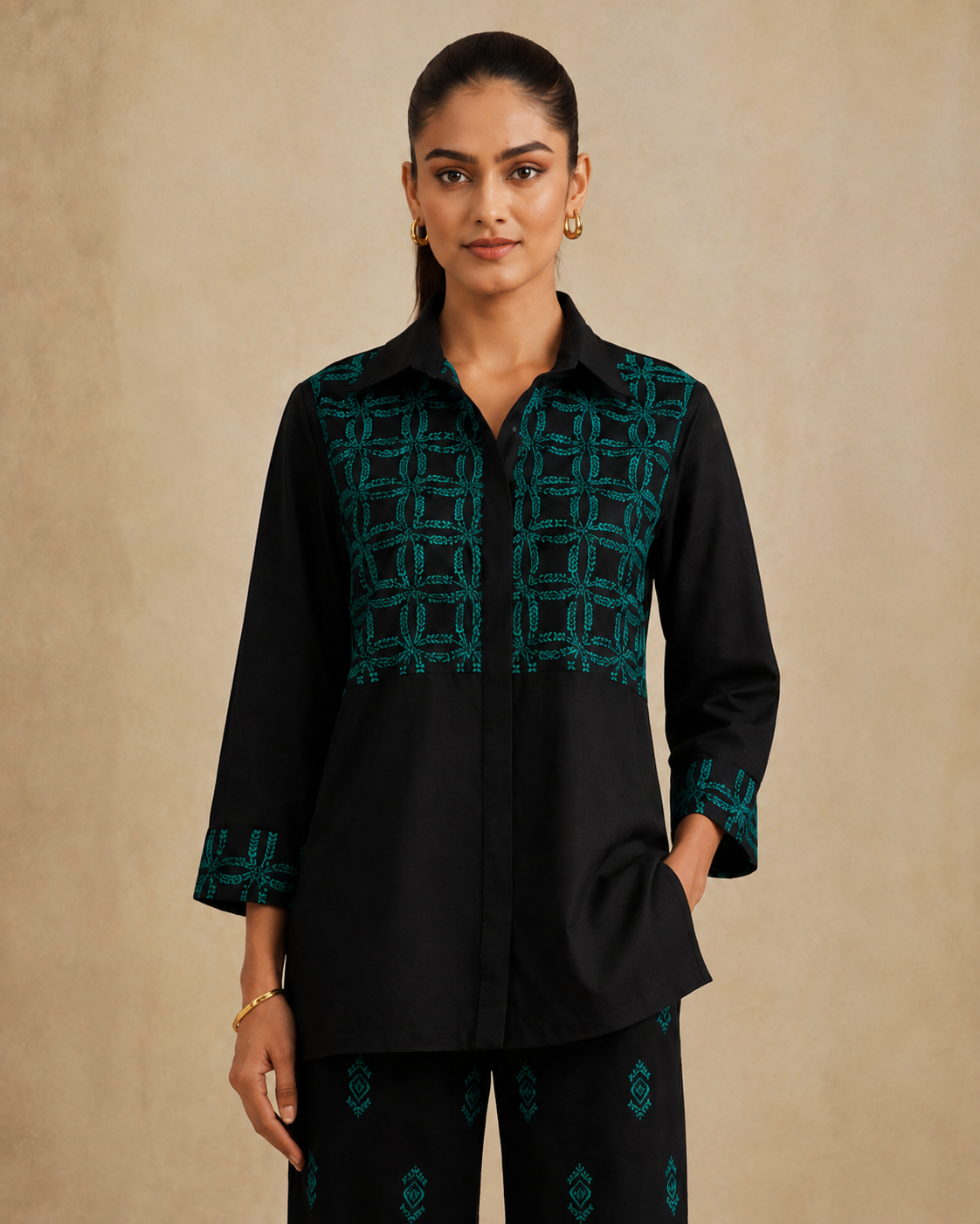 The Midnight Turquoise Embroidered Shirt Set