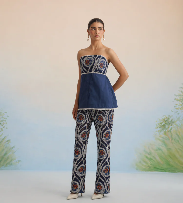 Bulevar Blossom - The Indigo Motif Strapless Embroidered Pant Set