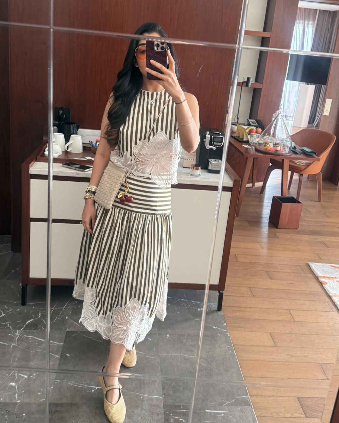 Srishti Chhabria | TheCisterCo in The Olive Stripe Floral Appliqué Ensemble: Two-Piece Skirt Set