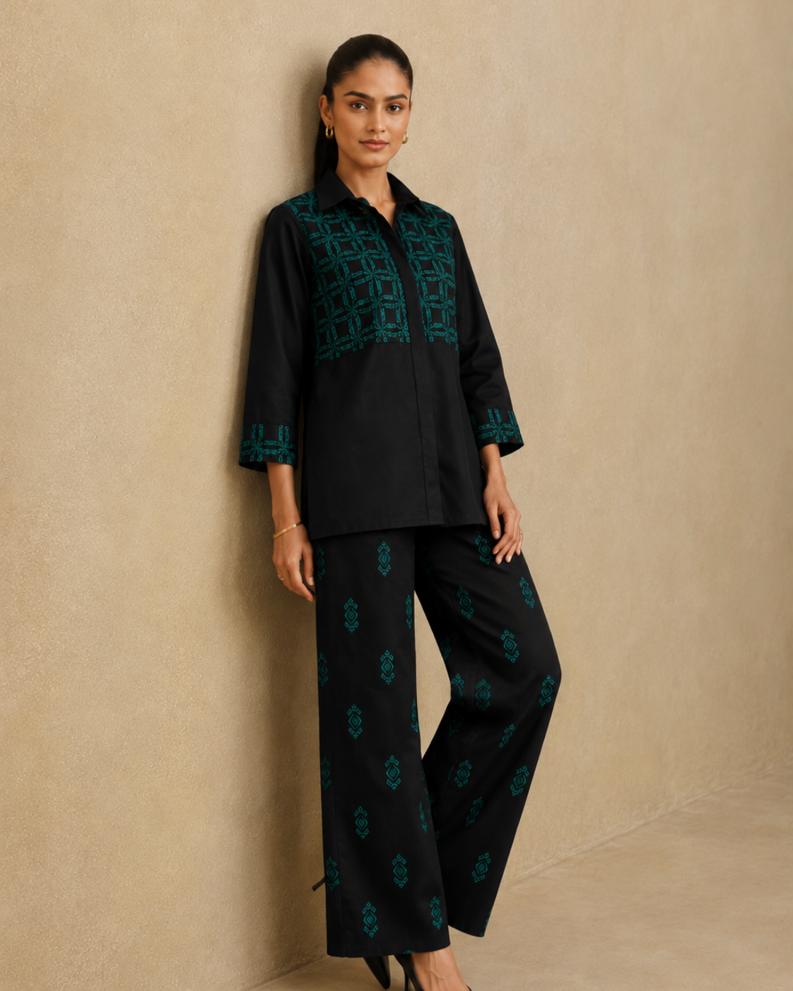 The Midnight Turquoise Embroidered Shirt Set
