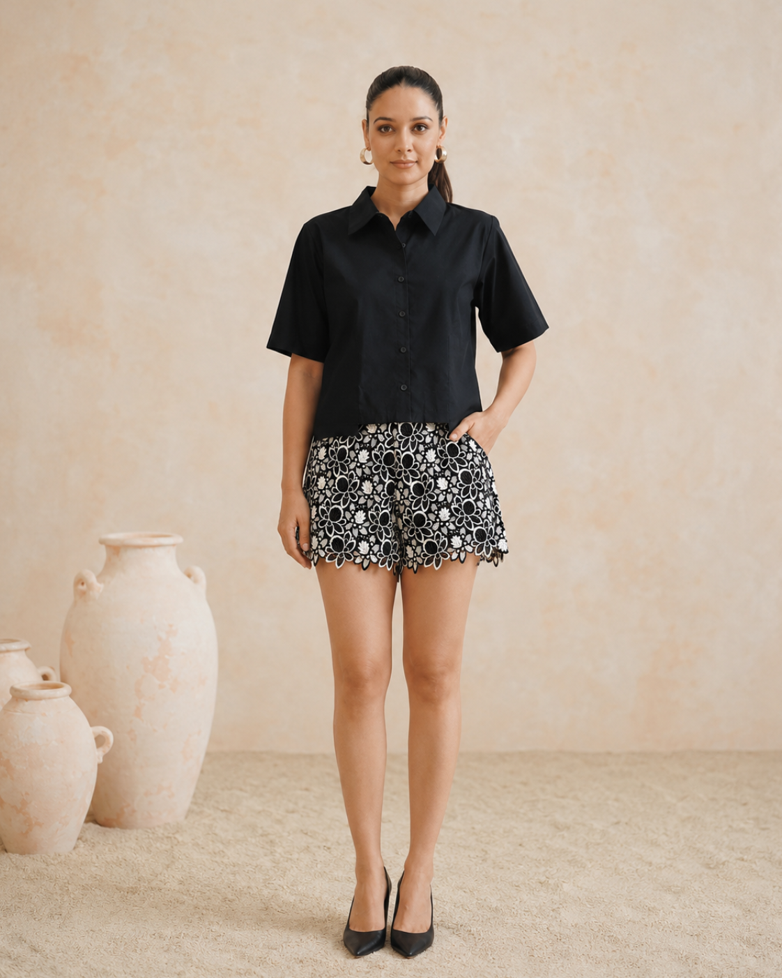 The Portofino Monochrome Shirt & Lace Shorts Set | 24-Hr Dispatch