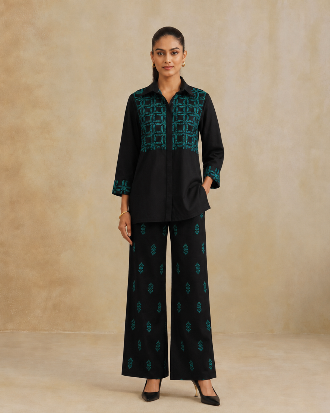 The Midnight Turquoise Embroidered Shirt Set
