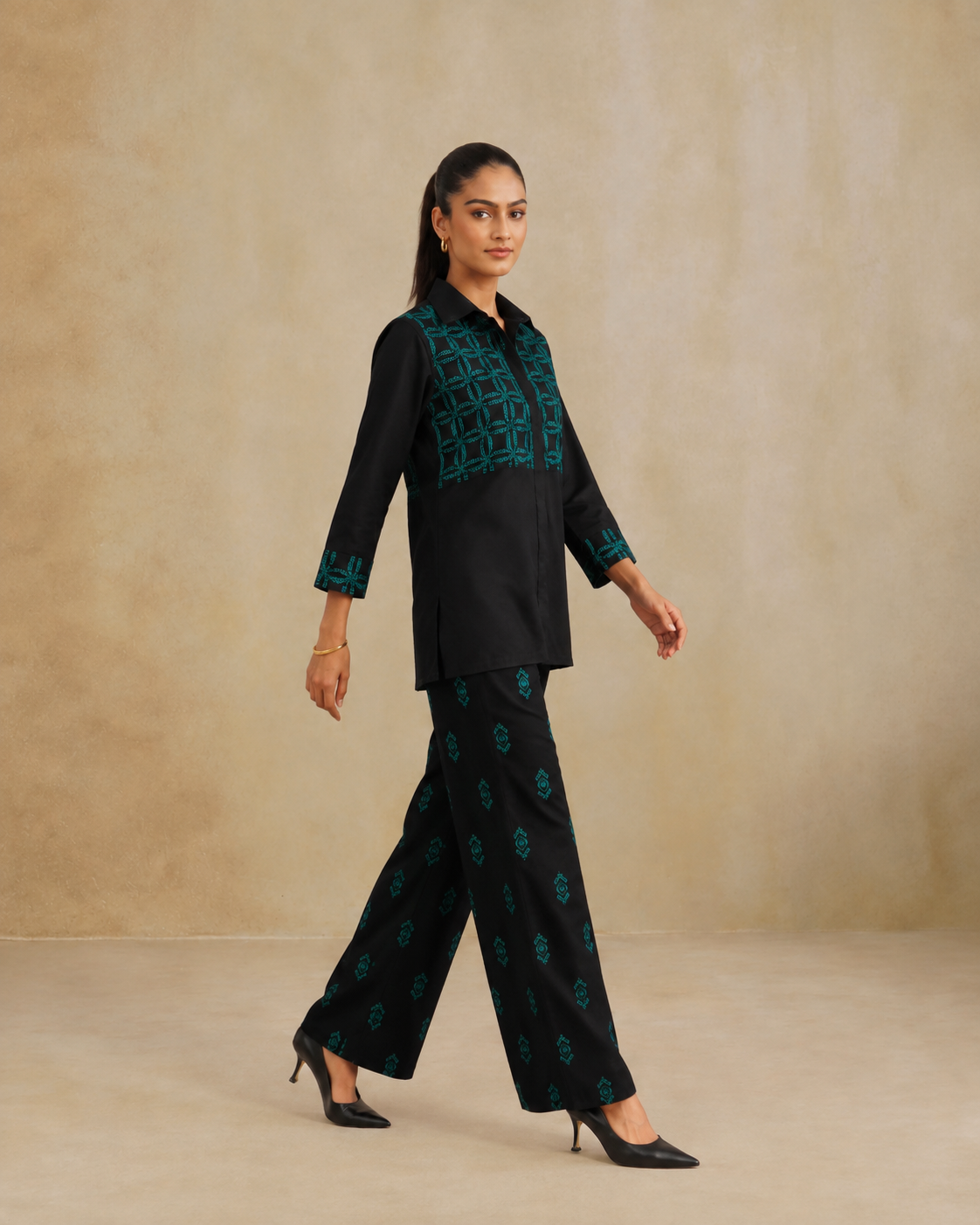 The Midnight Turquoise Embroidered Shirt Set