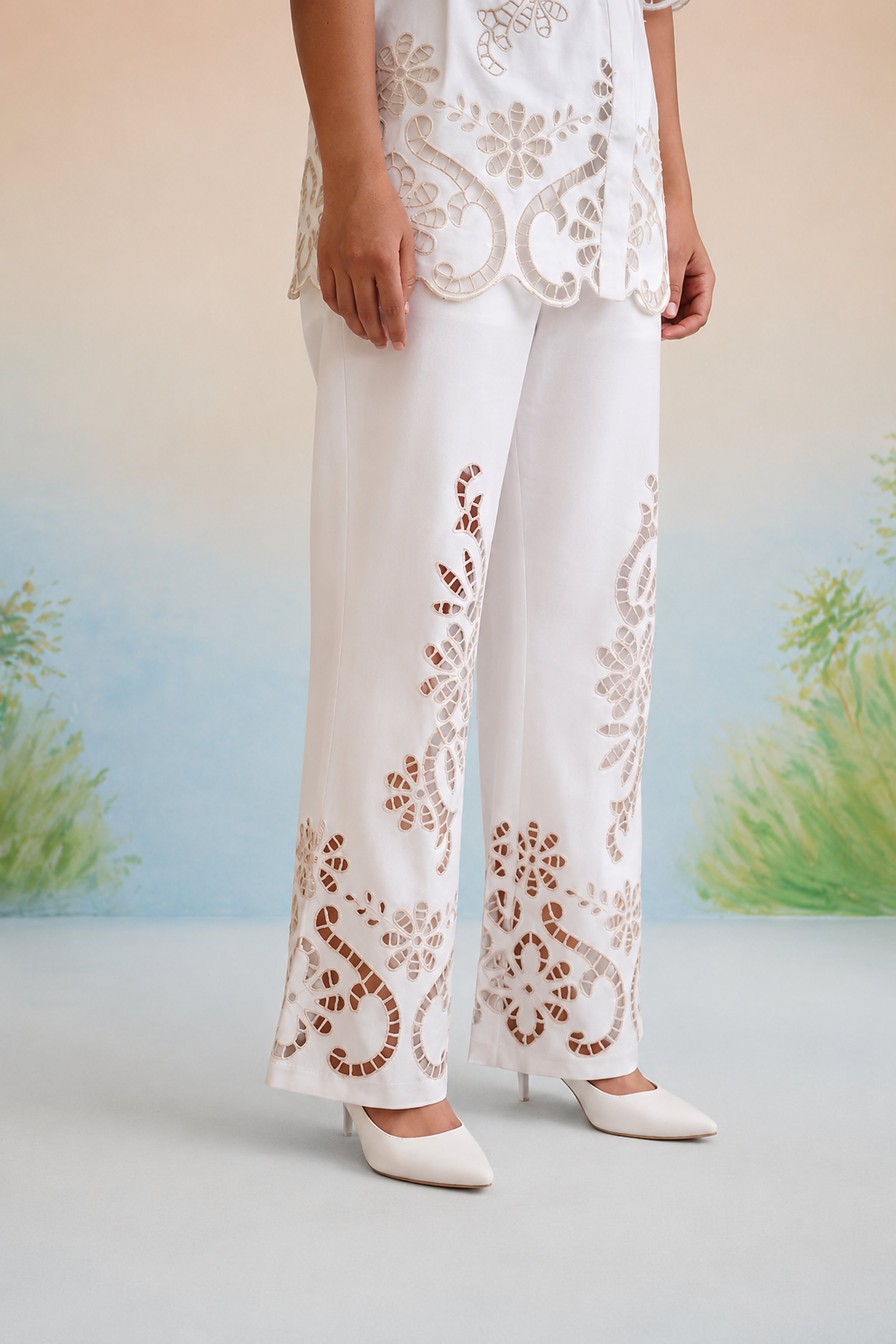 Payal Sewani  in The Casablanca Ivory White Cutwork Shirt & Pant Set