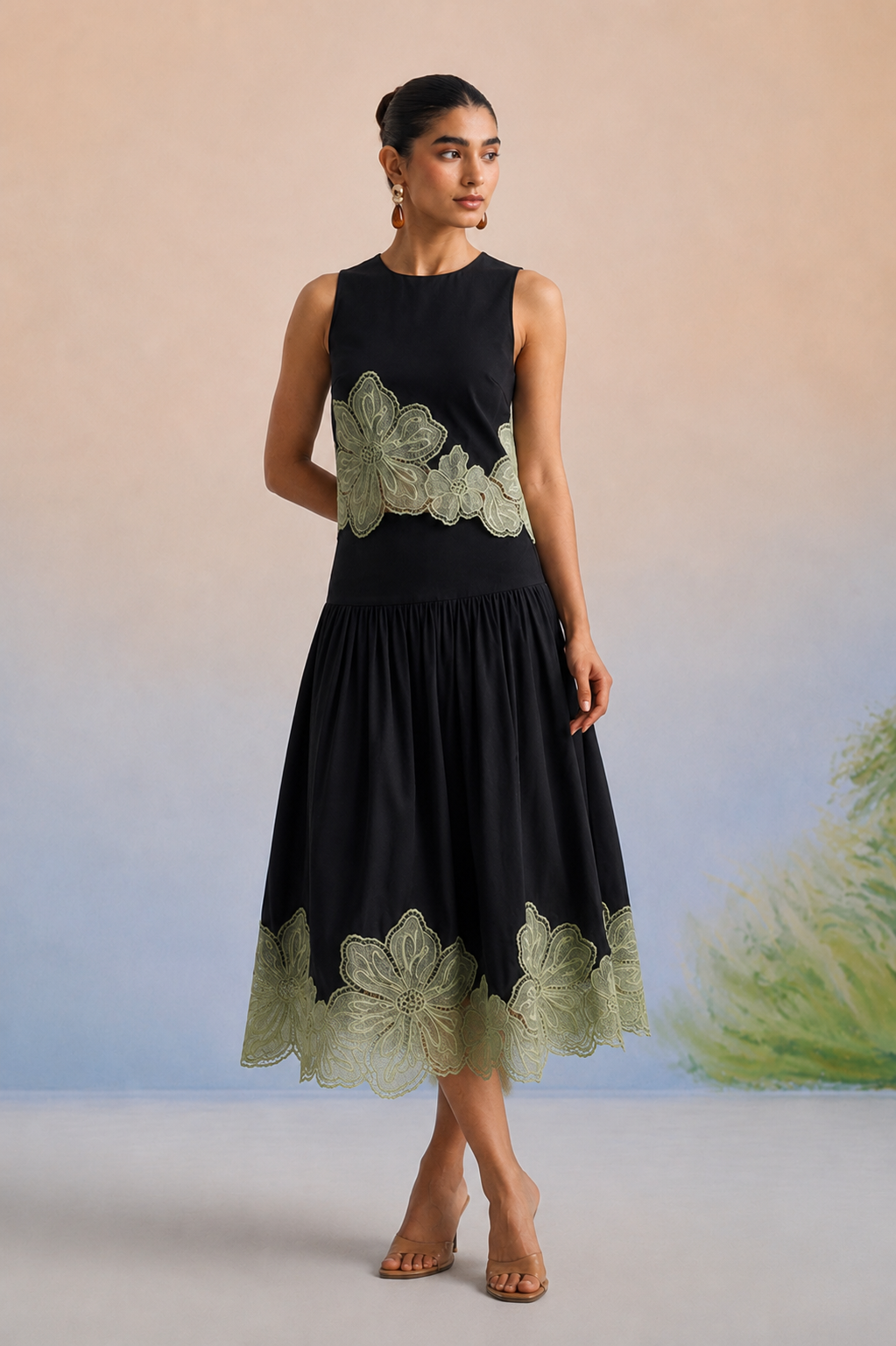 The Milan Noir & Sage Appliqué Skirt Set