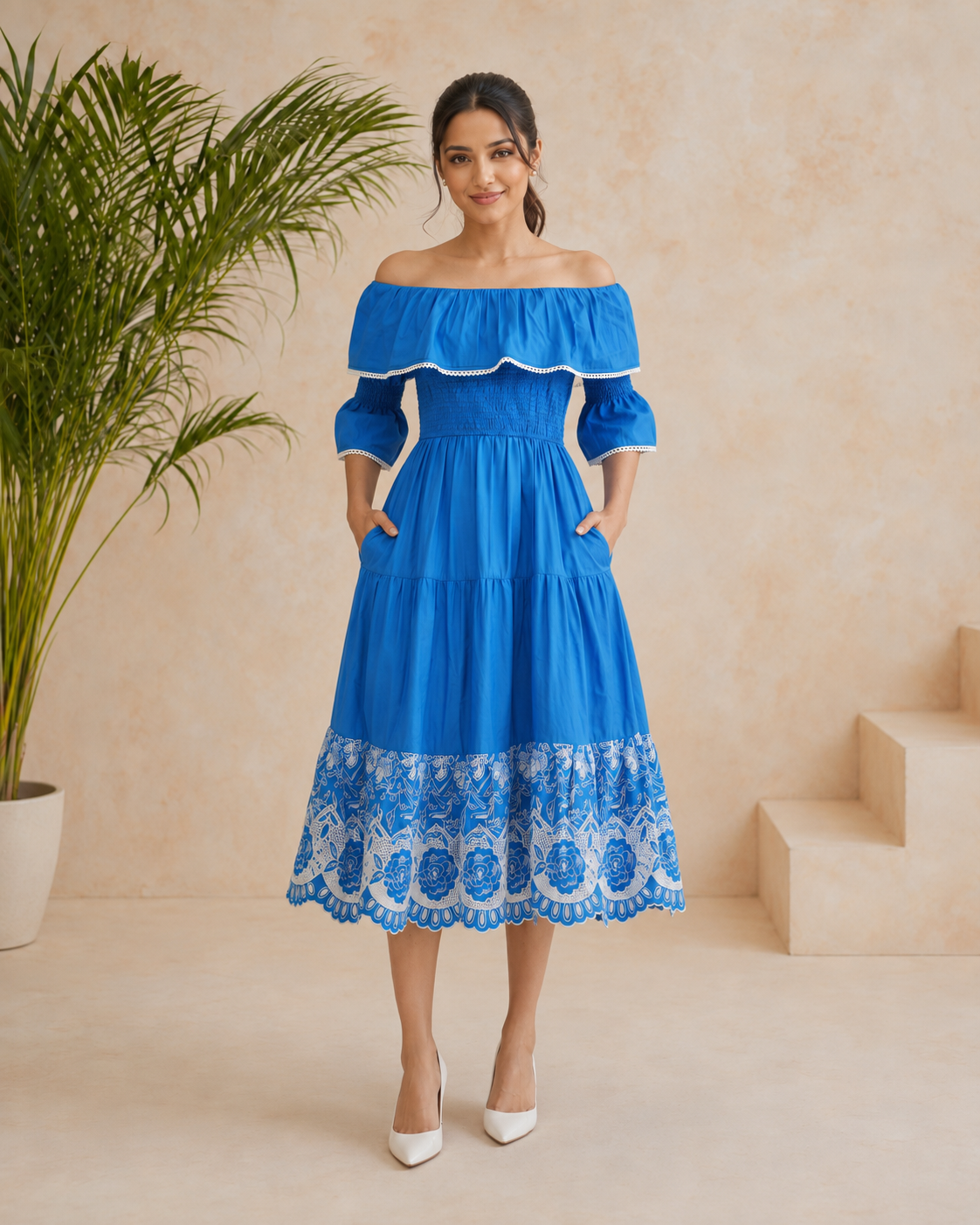 The Santorini Blue Embroidered Midi Dress