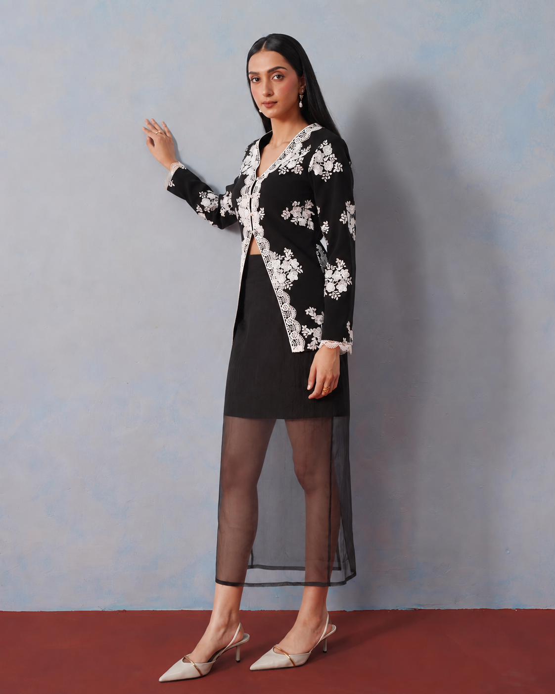 The Lumière Edit - The Odette Floral Lace Cutaway Jacket & Illusion Skirt Set