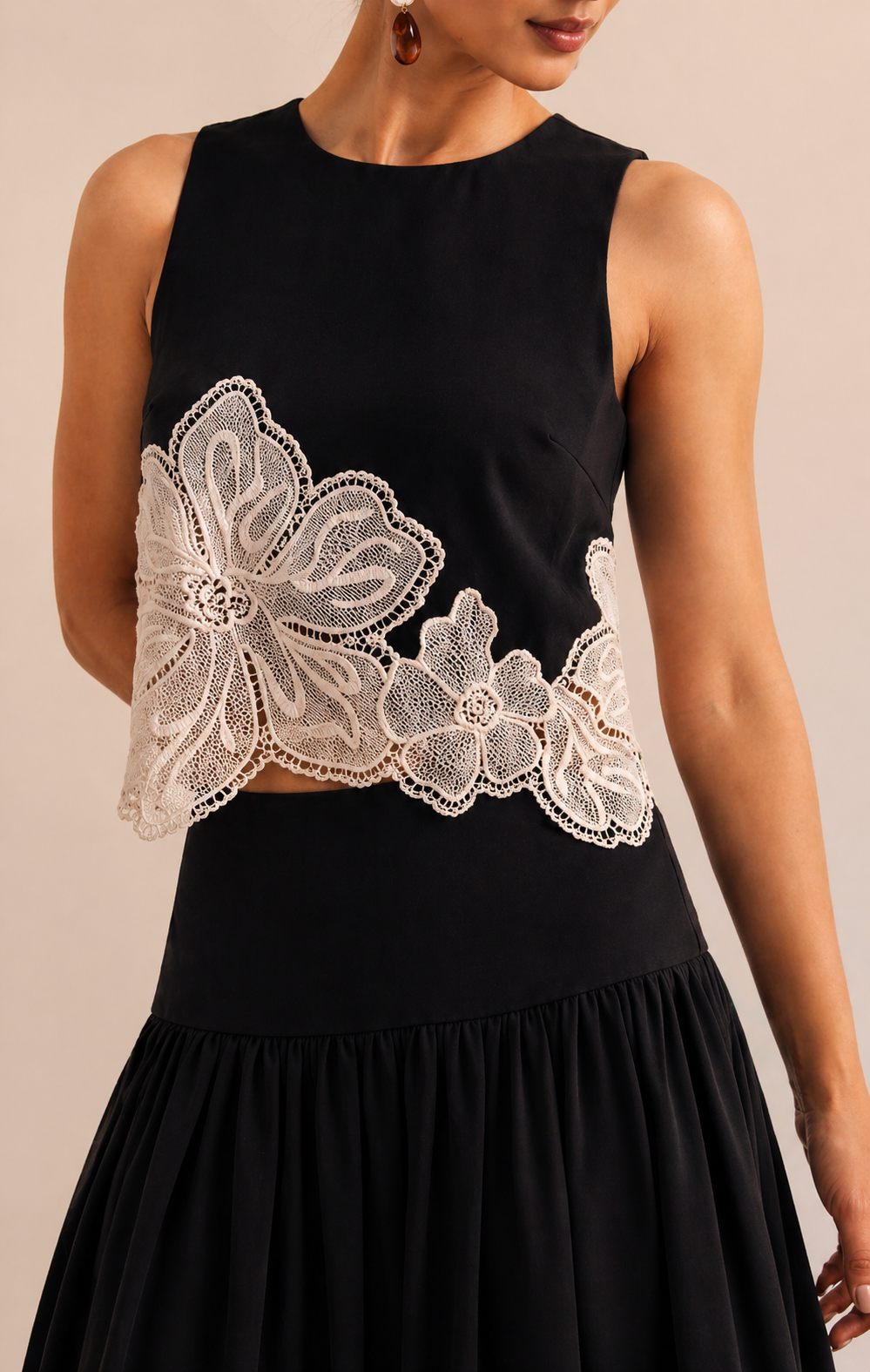 The Vienna Black Floral Appliqué Skirt Set