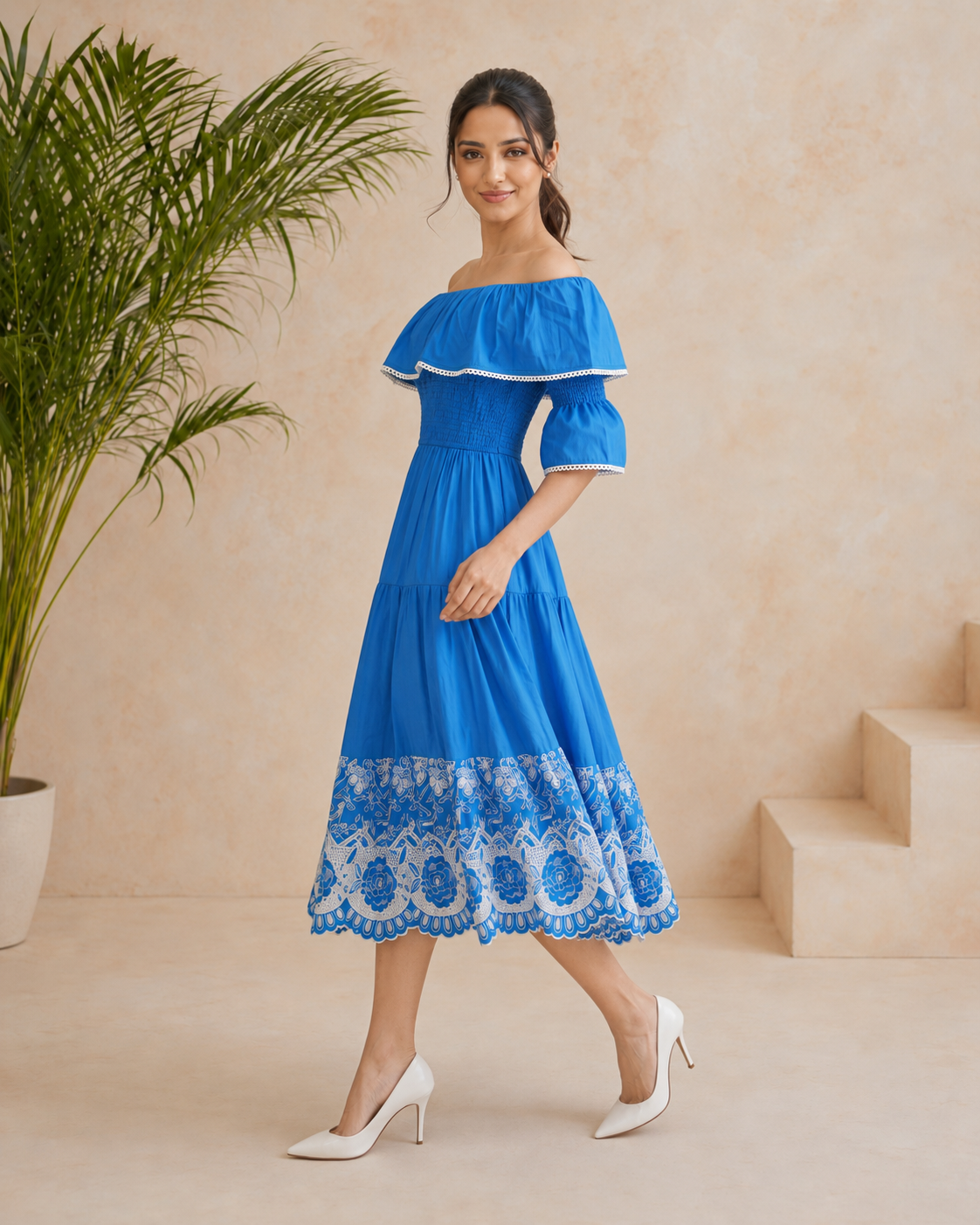 The Santorini Blue Embroidered Midi Dress