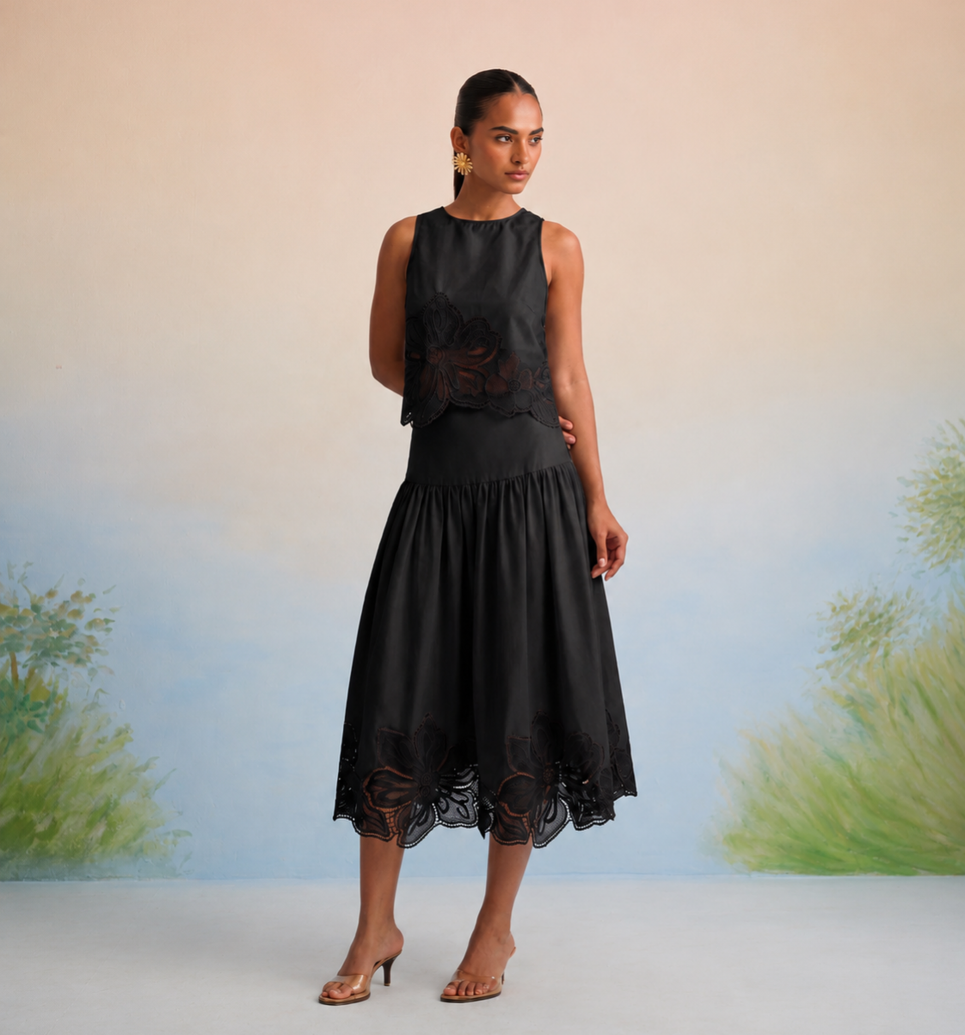 Bulevar Blossom - The Onyx Black Floral Appliqué Skirt Set