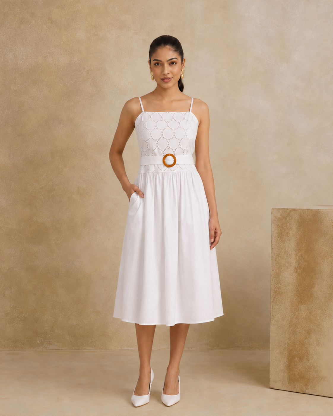 The Solstice White Eyelet Midi Dress