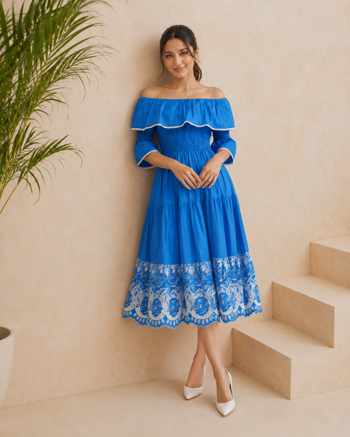 The Santorini Blue Embroidered Midi Dress