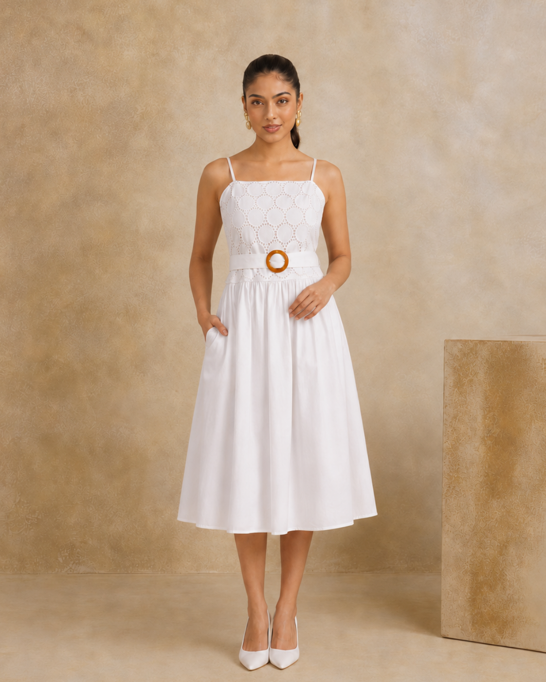 The Solstice White Eyelet Midi Dress