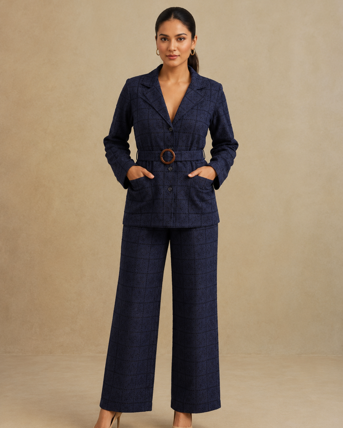 Sunset Soiree - The Midnight Navy Eyelet Belted Trouser Suit