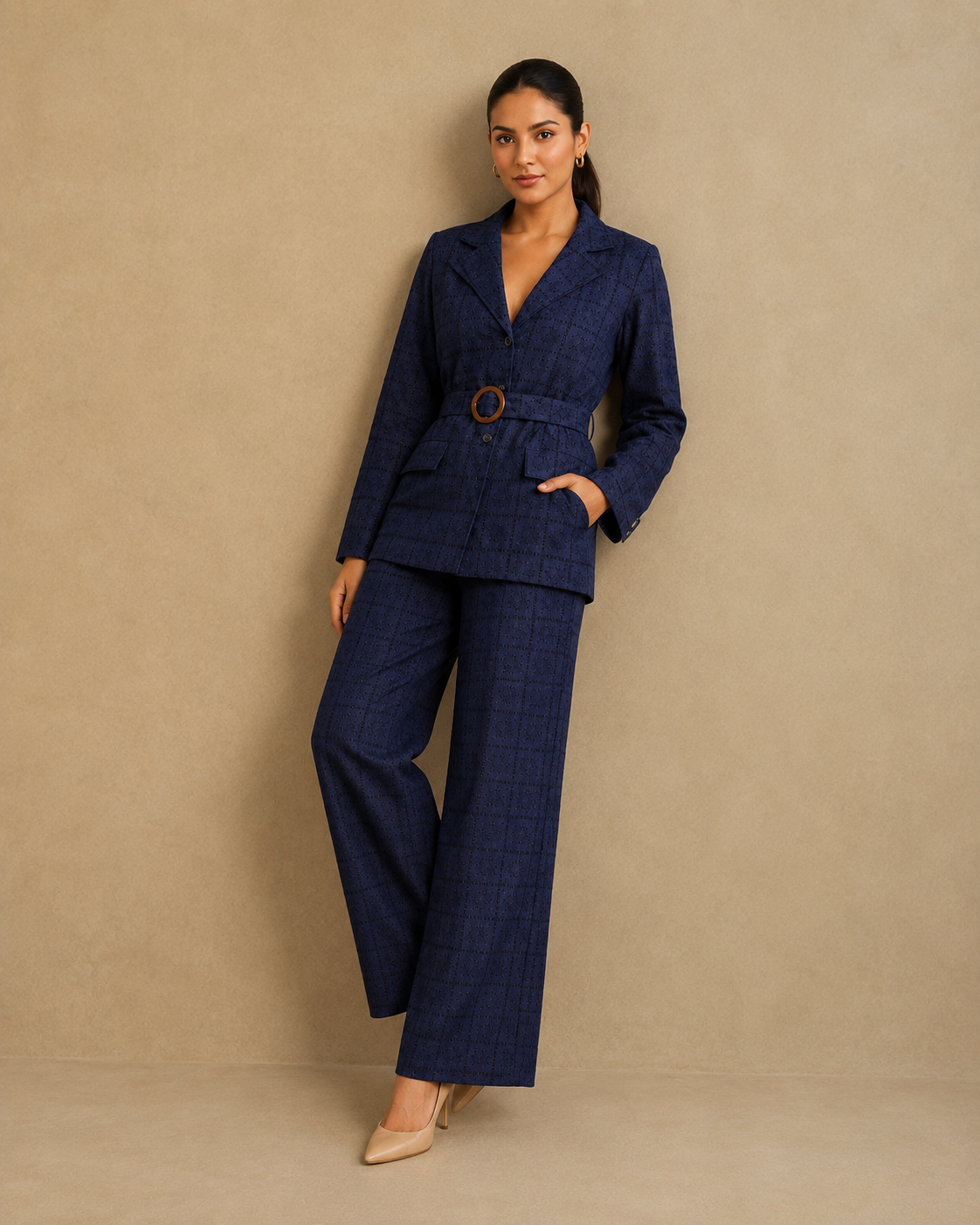 Punany Virmani in The Midnight Navy Eyelet Belted Trouser Suit