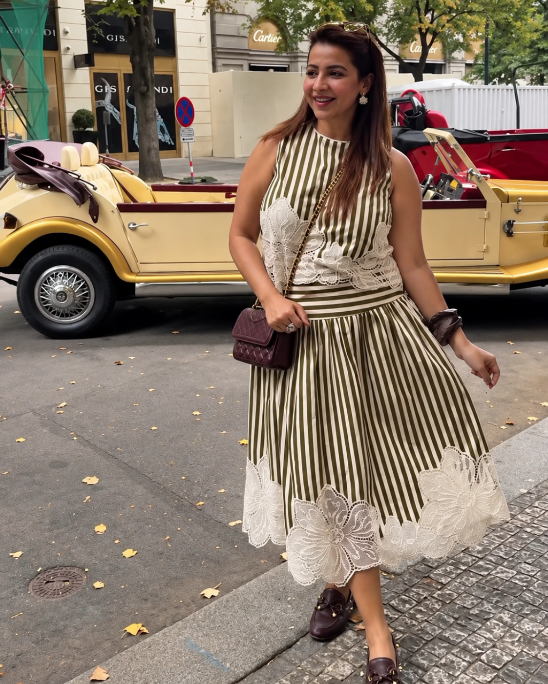 Purva Kirolikar in The Olive Stripe Floral Appliqué Ensemble: Two-Piece Skirt Set