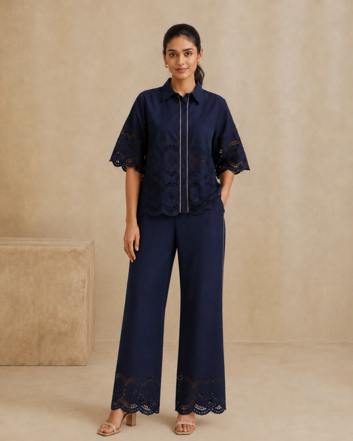 The Marlowe Navy Eyelet Shirt & Trouser Set