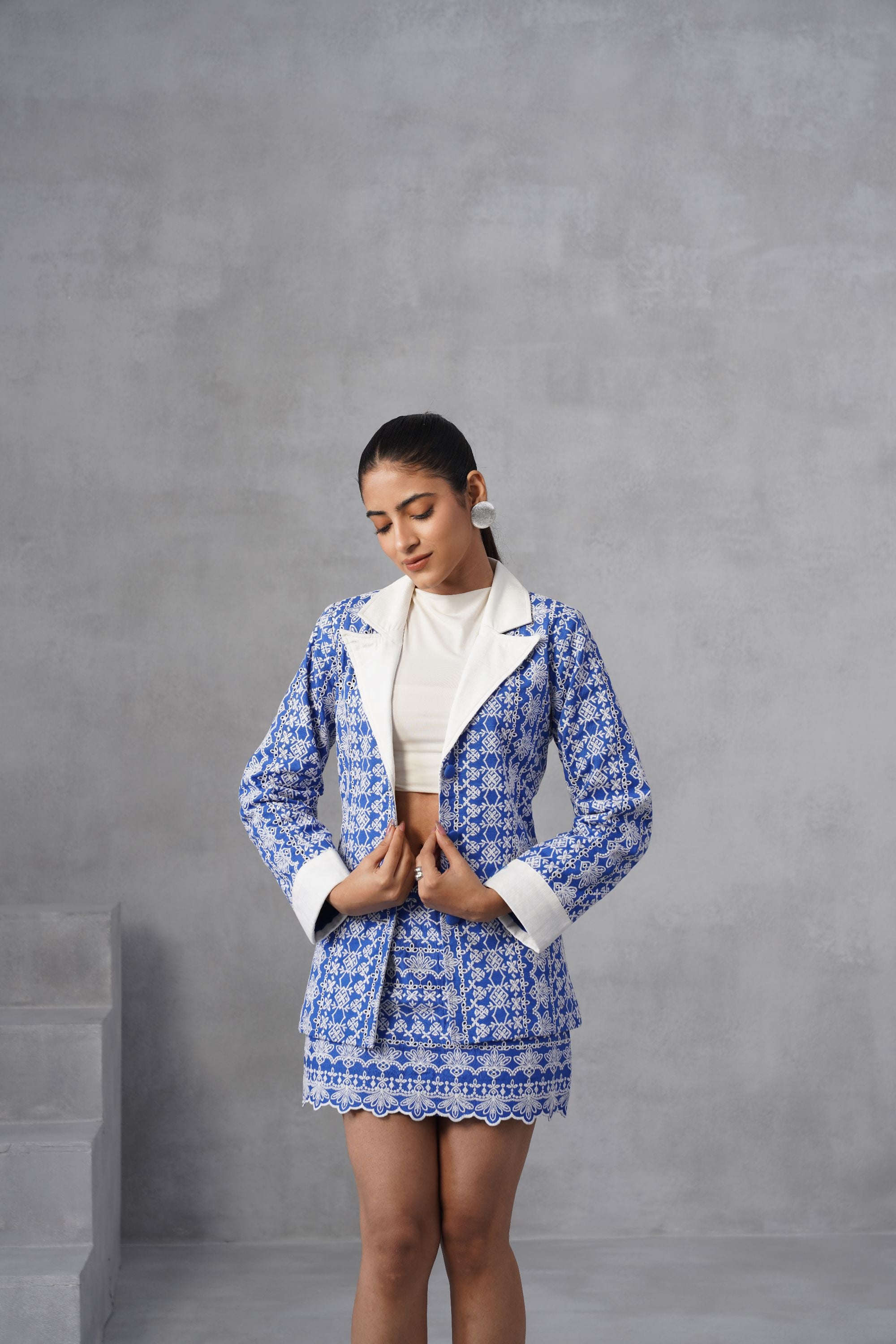 Blue Lattice Embroidered Co-ord