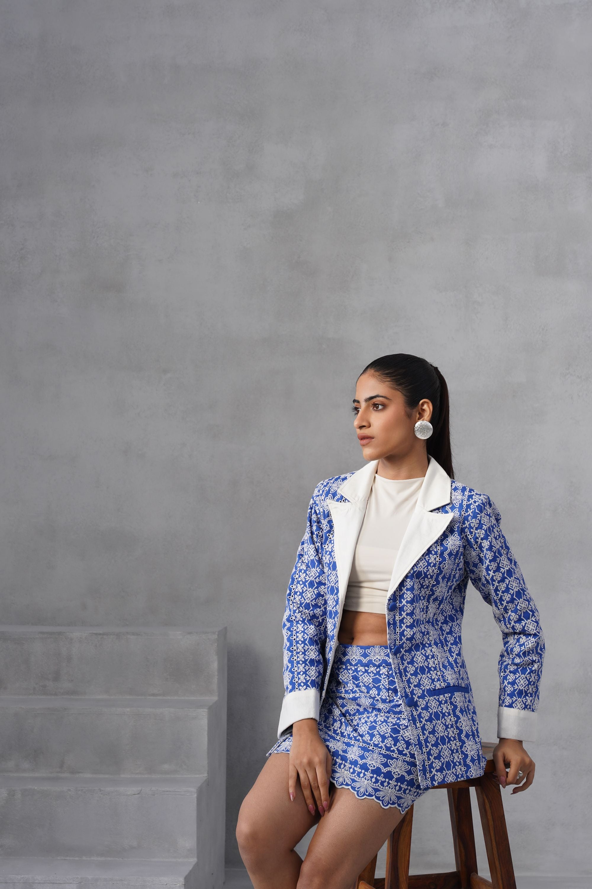 Blue Lattice Embroidered Co-ord