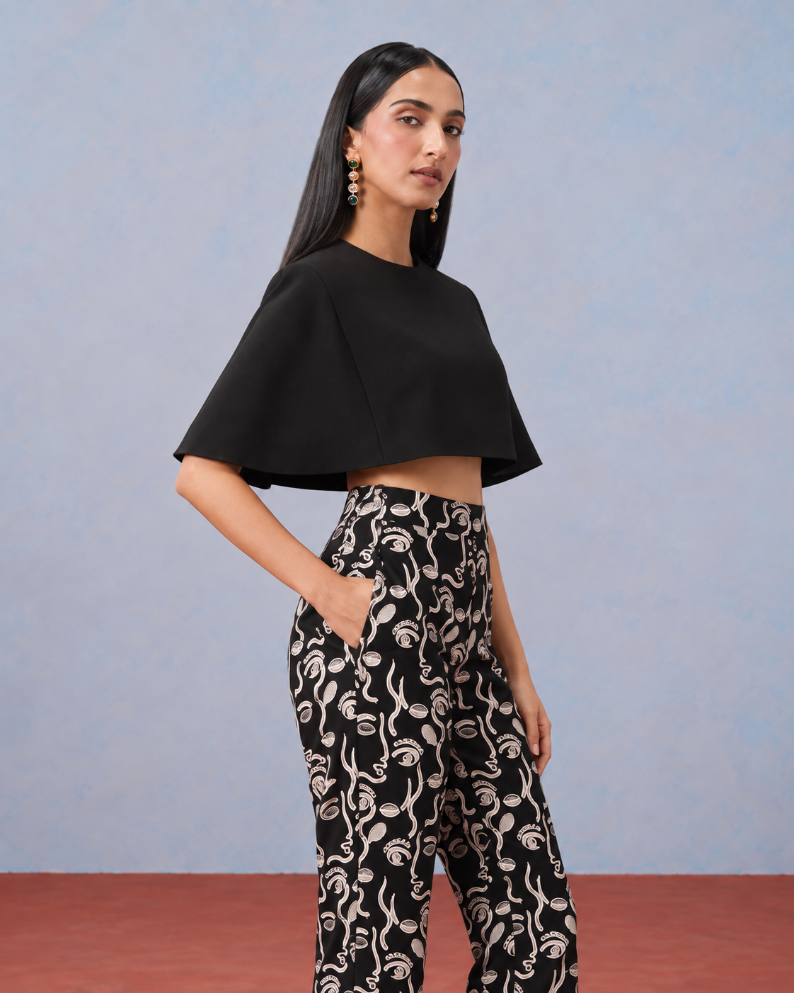 The Nyx Cropped Cape & Abstract Embroidered Trouser Set