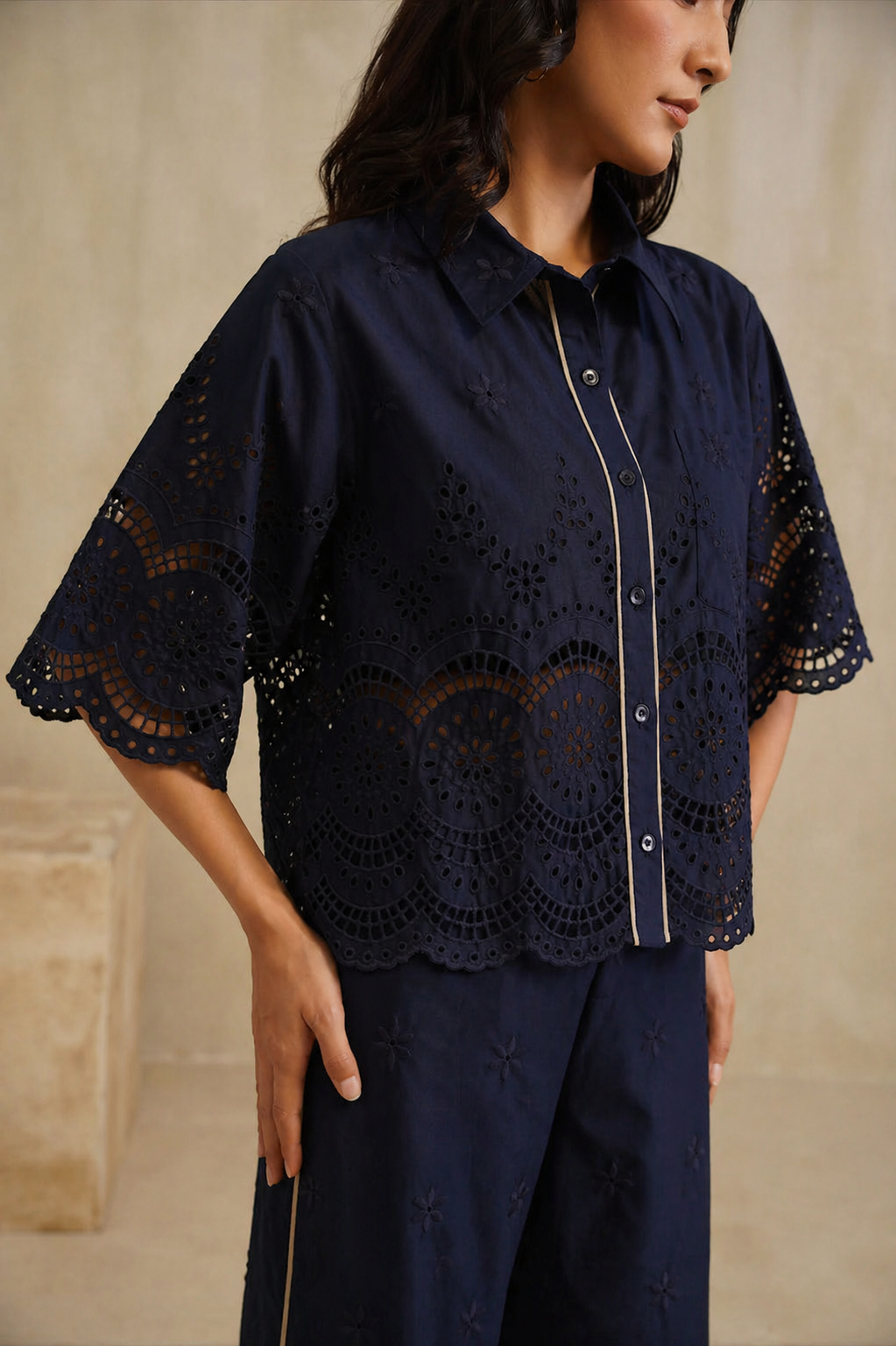 The Marlowe Navy Eyelet Shirt & Trouser Set