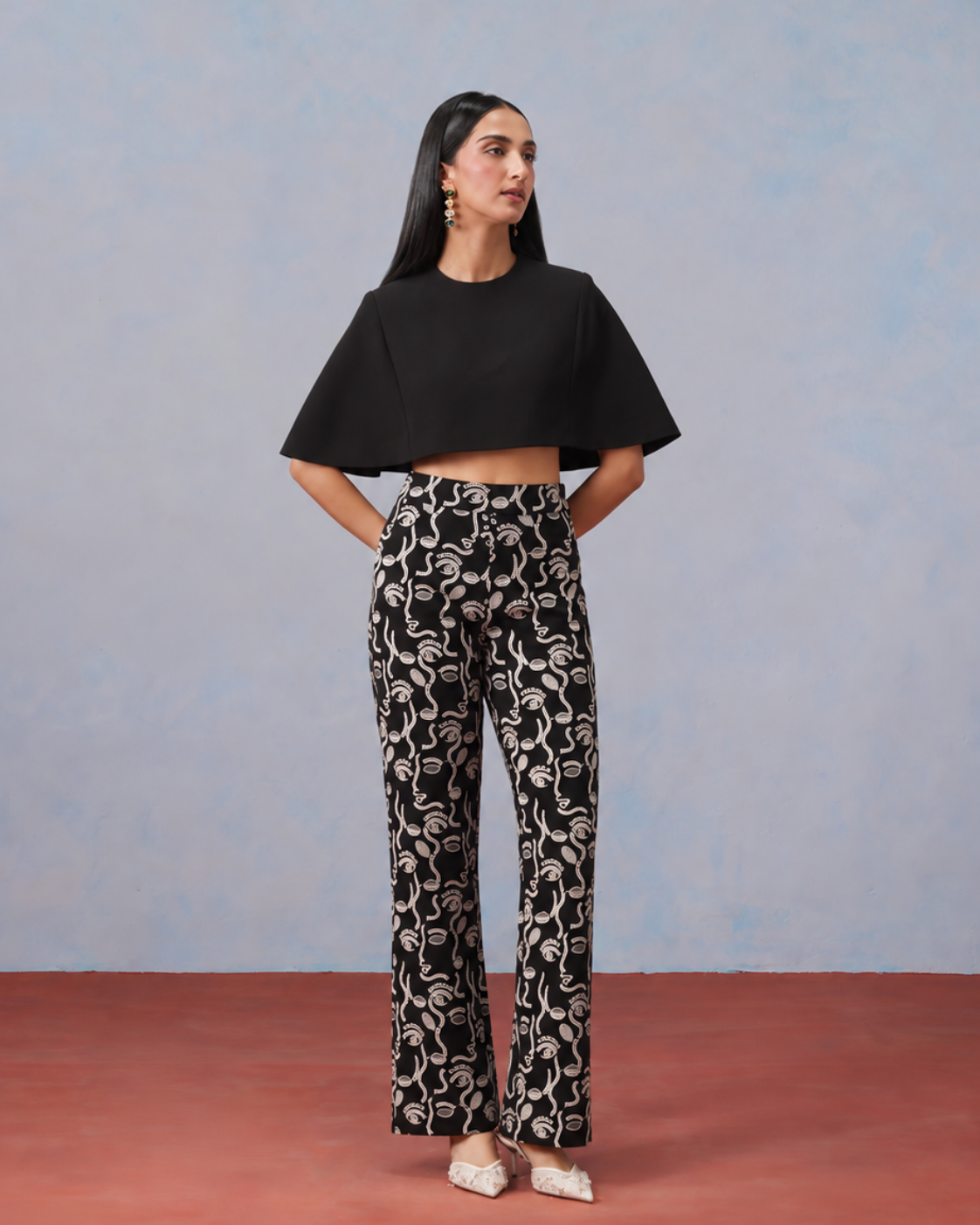 The Nyx Cropped Cape & Abstract Embroidered Trouser Set