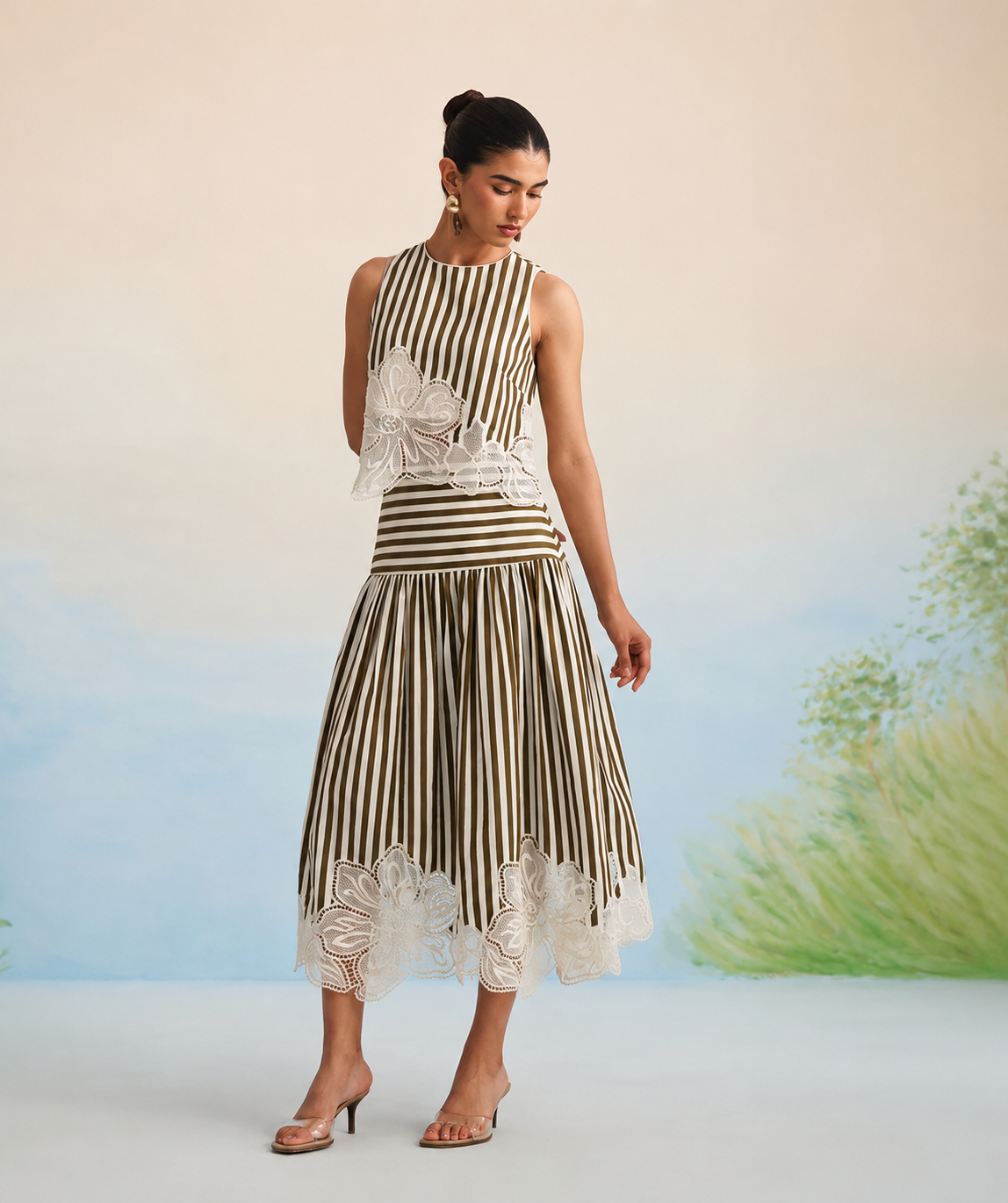 Bulevar Blossom - The Olive Stripe Floral Appliqué Ensemble: Two-Piece Skirt Set