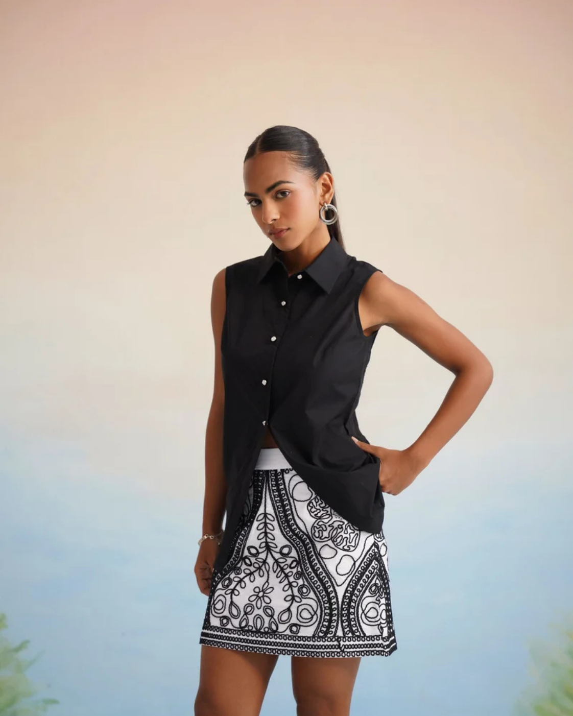 The Noir Medallion Embroidered Skirt Set
