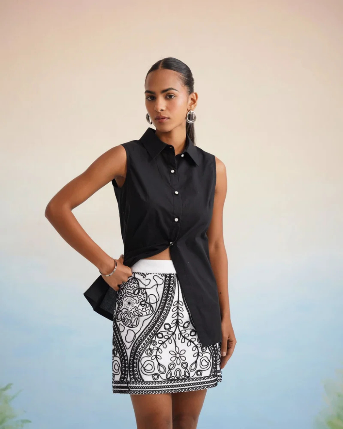 The Noir Medallion Embroidered Skirt Set
