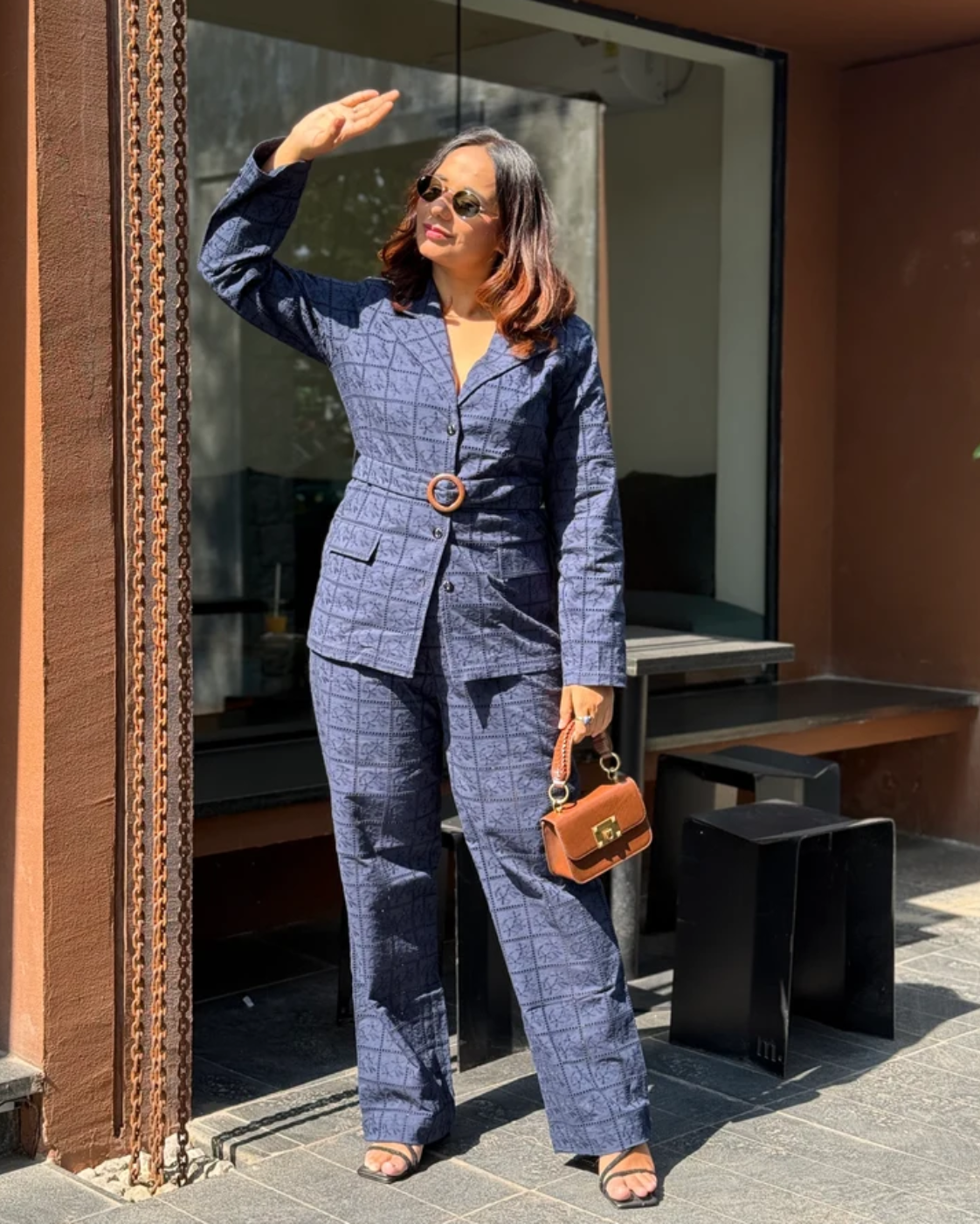 Deepika Kewalraman in The Midnight Navy Eyelet Belted Trouser Suit