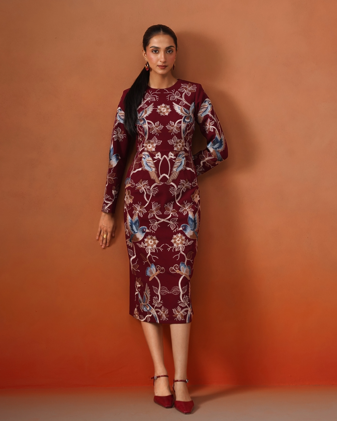 The Lumière Edit - The Valentina Burgundy Embroidered Avian Sheath Dress