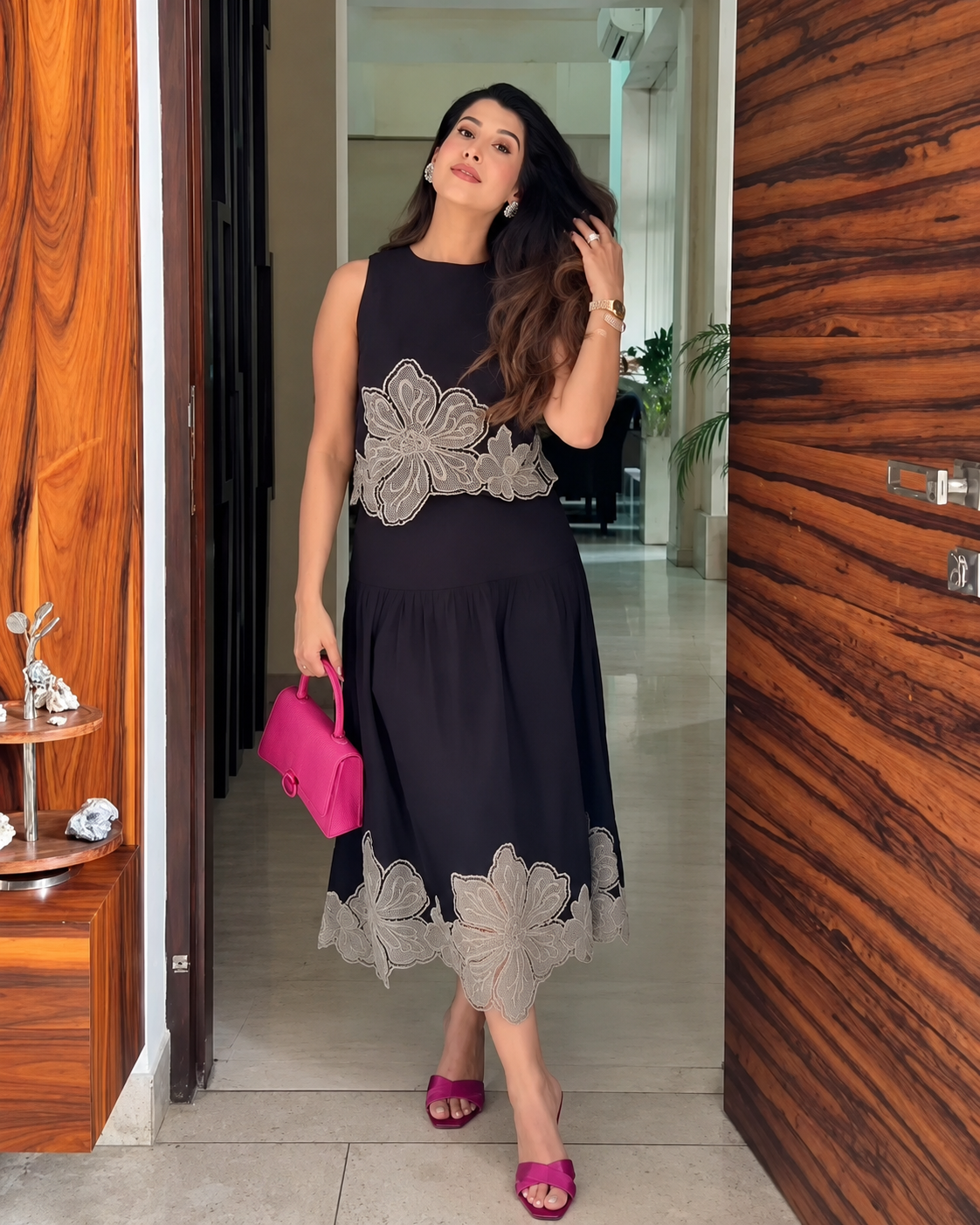 Pallavi Goel in The Milan Noir & Sage Appliqué Skirt Set