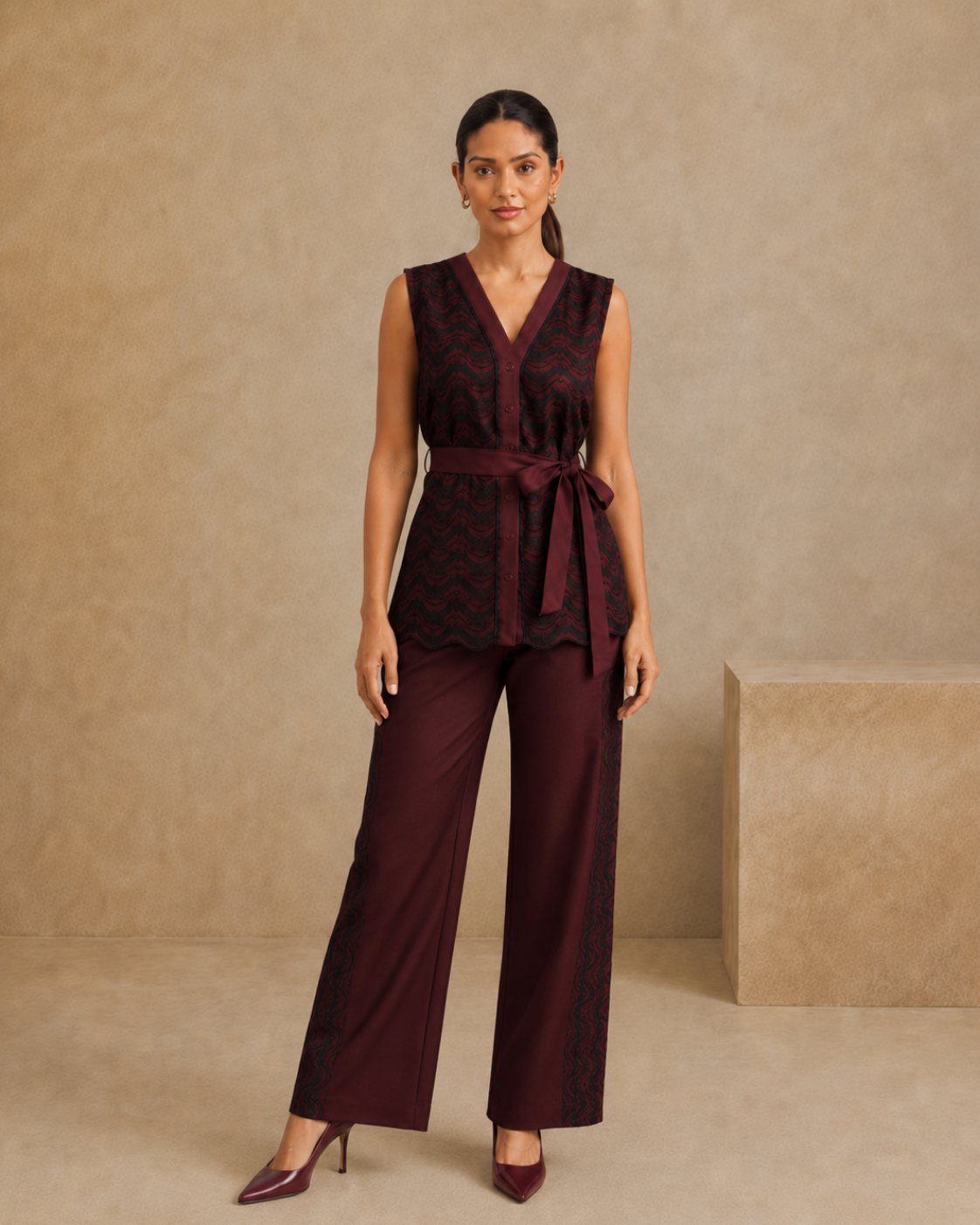 Sunset Soiree - The Merlot Wave Sleeveless Shirt & Trouser Set