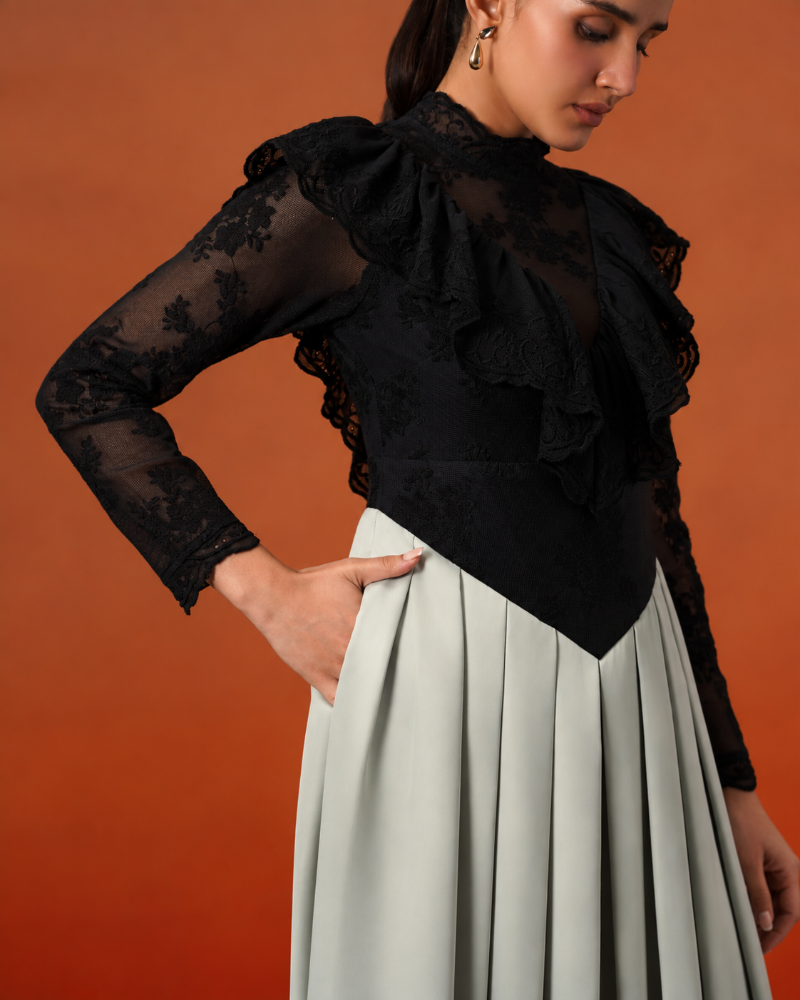 The Celeste Noir & Sage Pleated Dress