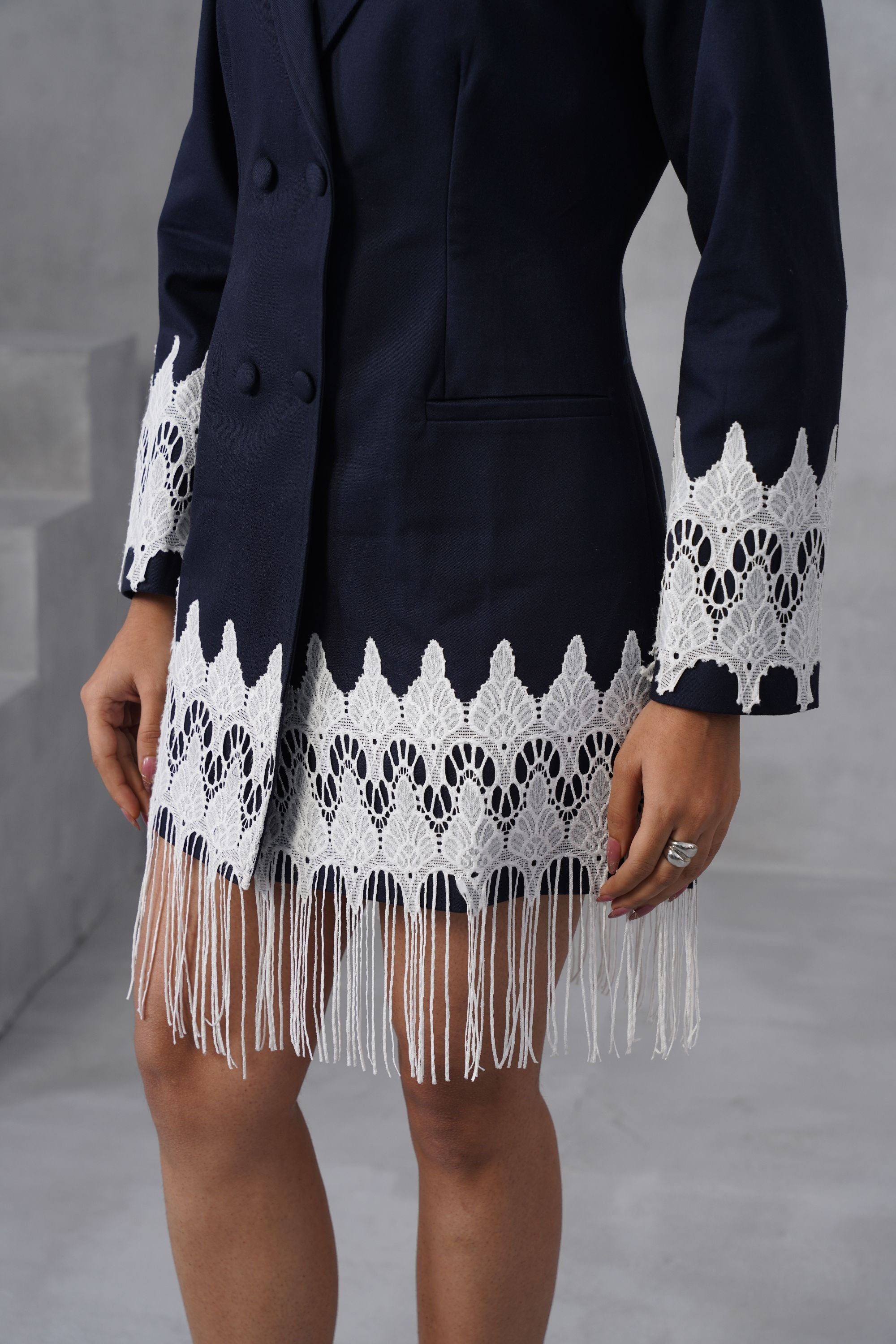 Navy Fringe Blazer Dress
