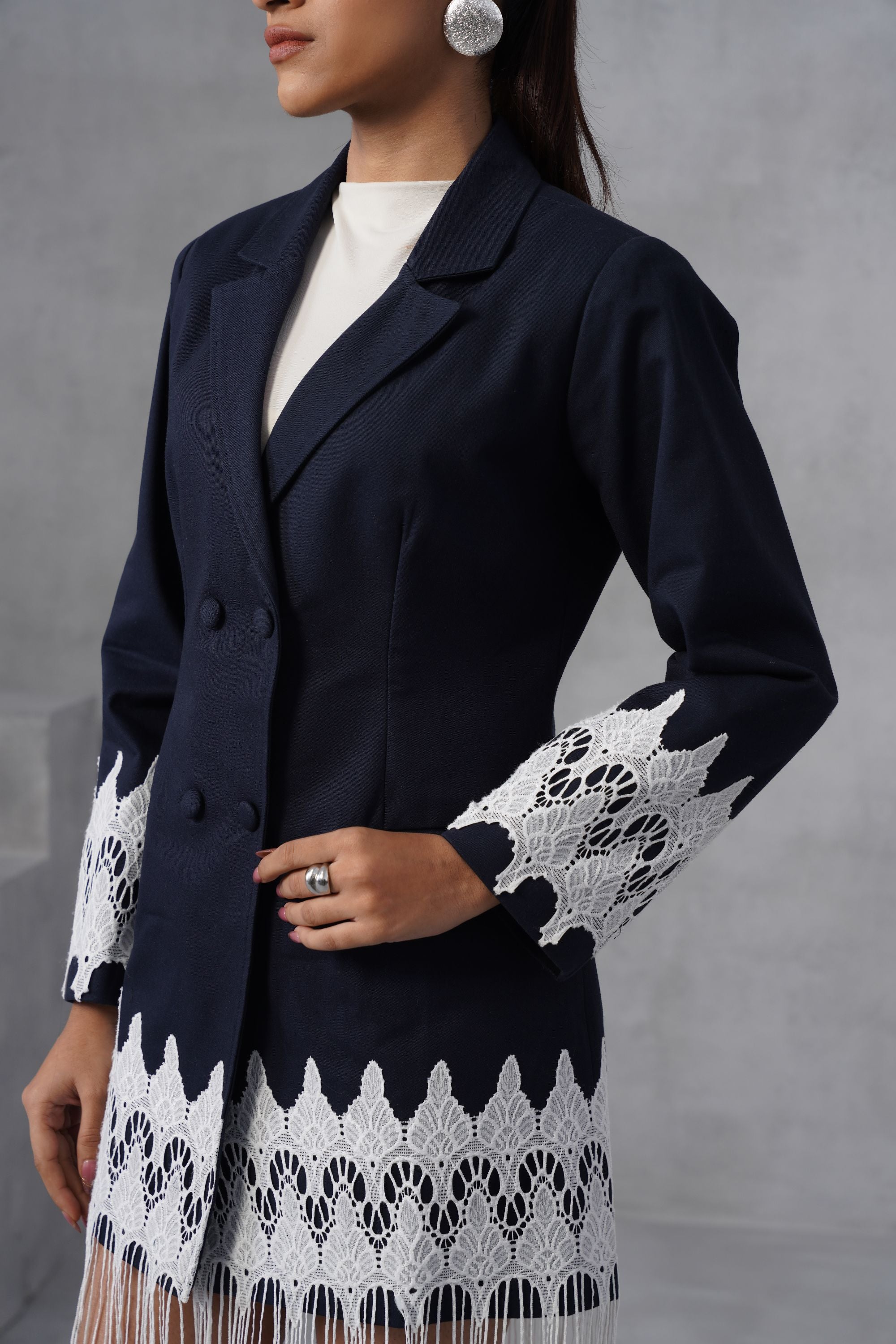 Navy Fringe Blazer Dress