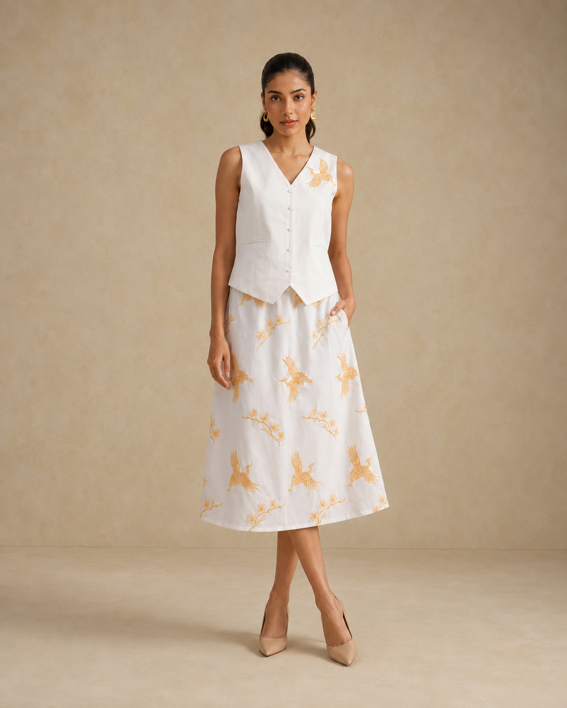 Sunset Soiree - The Gilded Crane White Waistcoat & Skirt Set