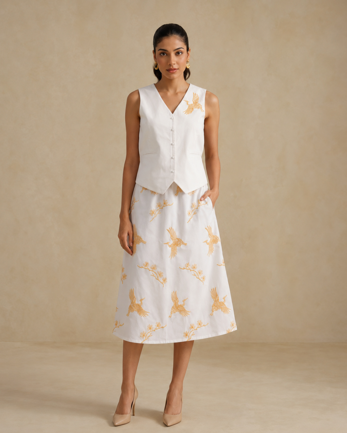 Sunset Soiree - The Gilded Crane White Waistcoat & Skirt Set
