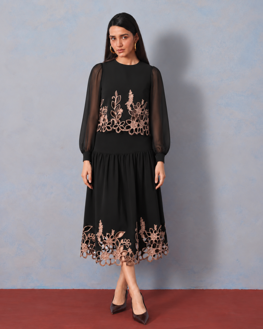 The Lumière Edit - The Vesper Noir Cutwork Embroidered Skirt Set